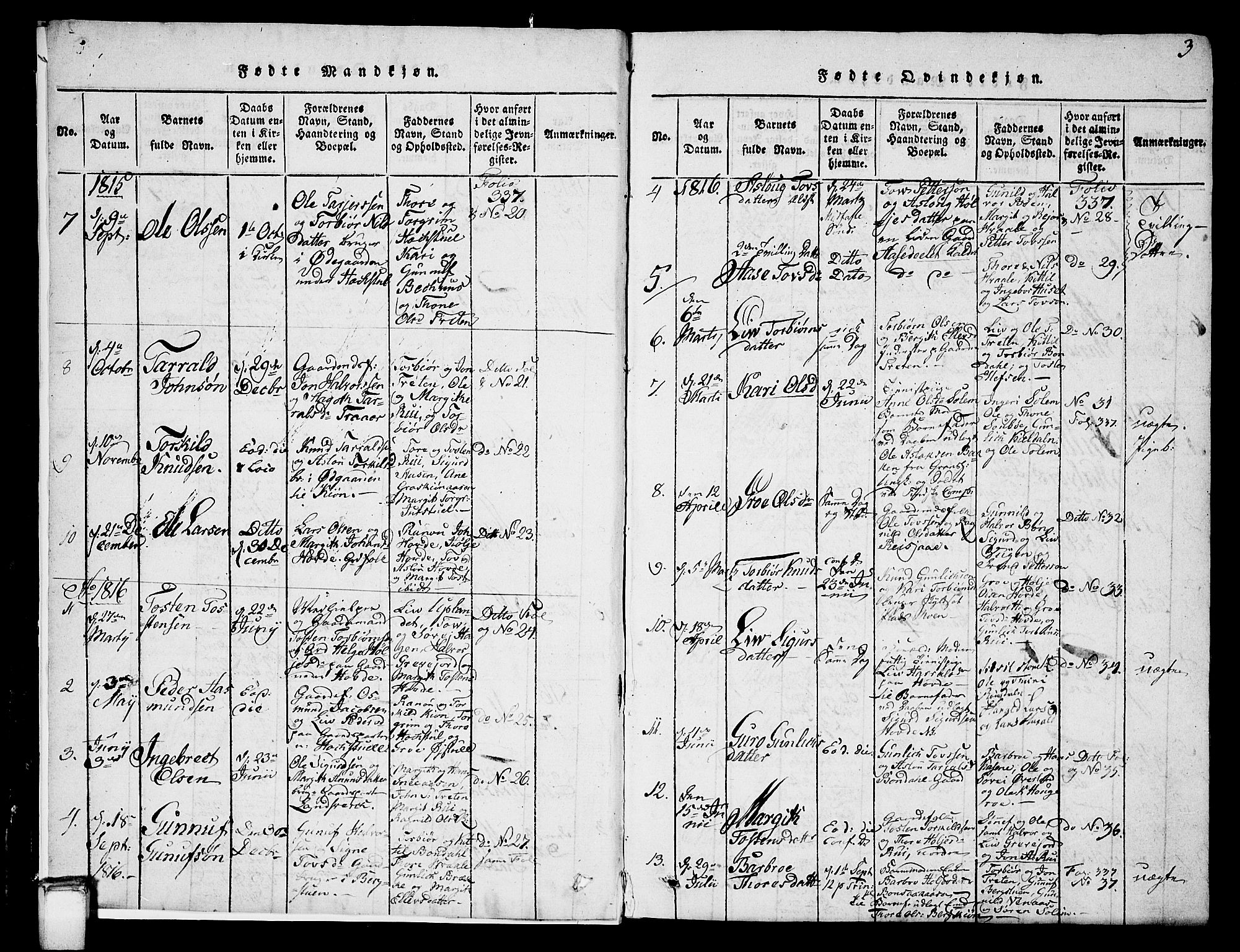 Hjartdal kirkebøker, AV/SAKO-A-270/G/Gc/L0001: Parish register (copy) no. III 1, 1815-1842, p. 3