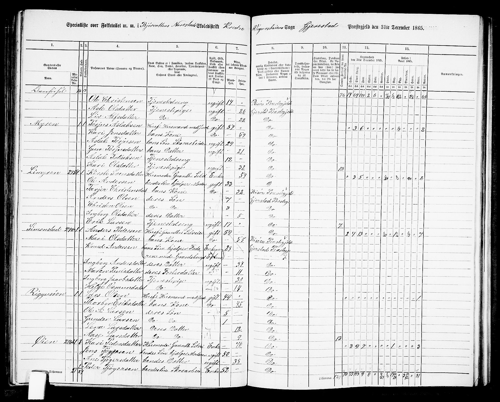 RA, 1865 census for Gjerstad, 1865, p. 164