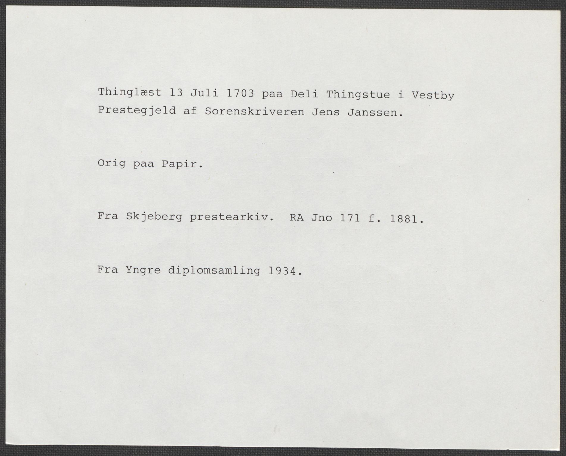 Riksarkivets diplomsamling, AV/RA-EA-5965/F15/L0001: Prestearkiv - Østfold, 1571-1795, p. 221