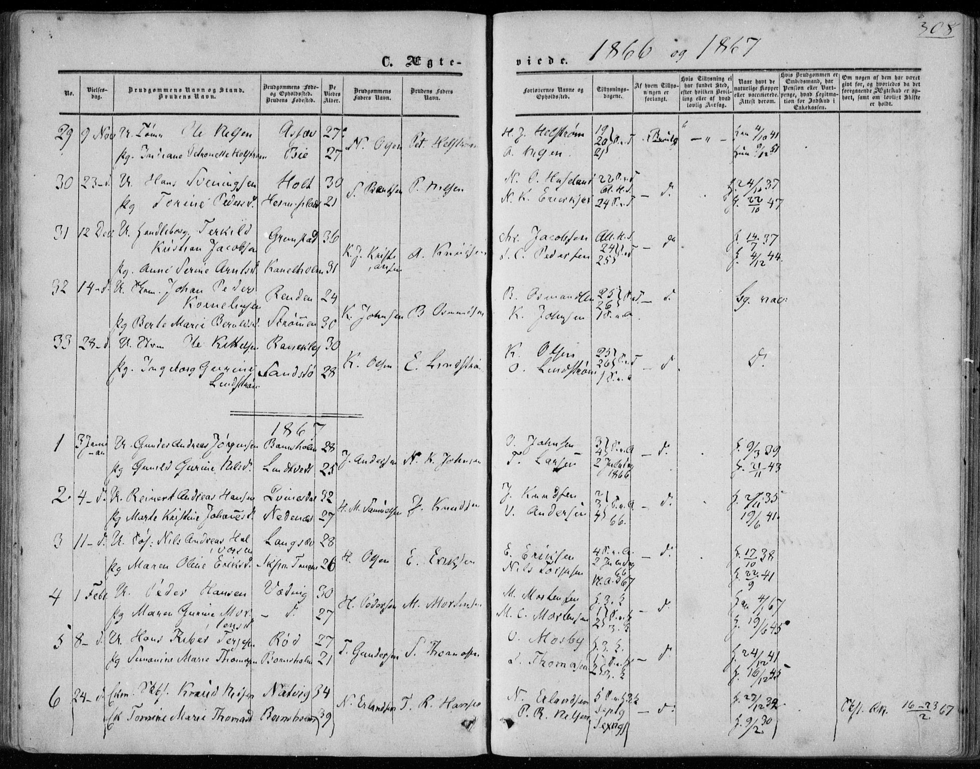 Øyestad sokneprestkontor, SAK/1111-0049/F/Fa/L0015: Parish register (official) no. A 15, 1857-1873, p. 308