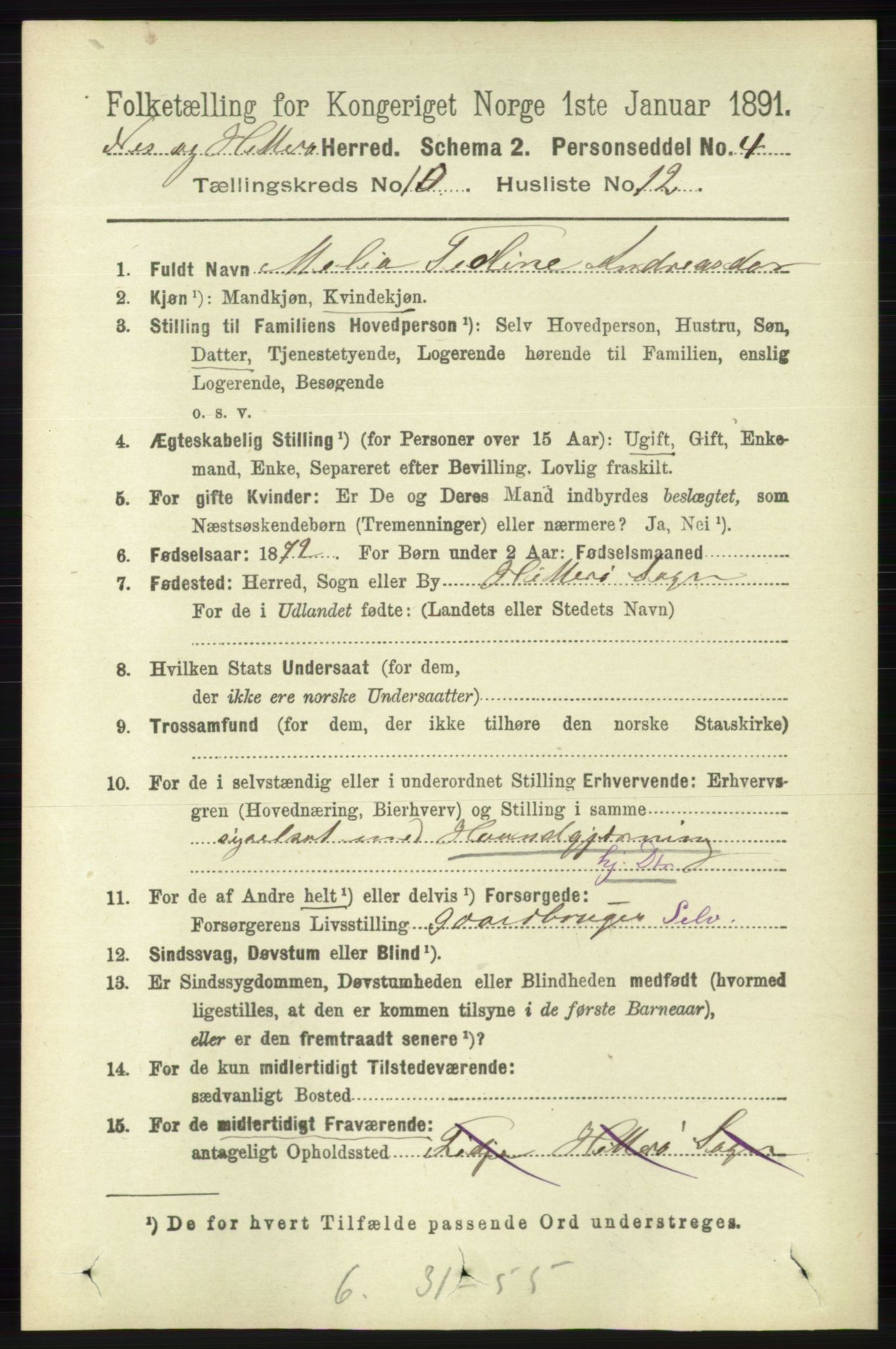 RA, 1891 census for 1043 Hidra og Nes, 1891, p. 4200