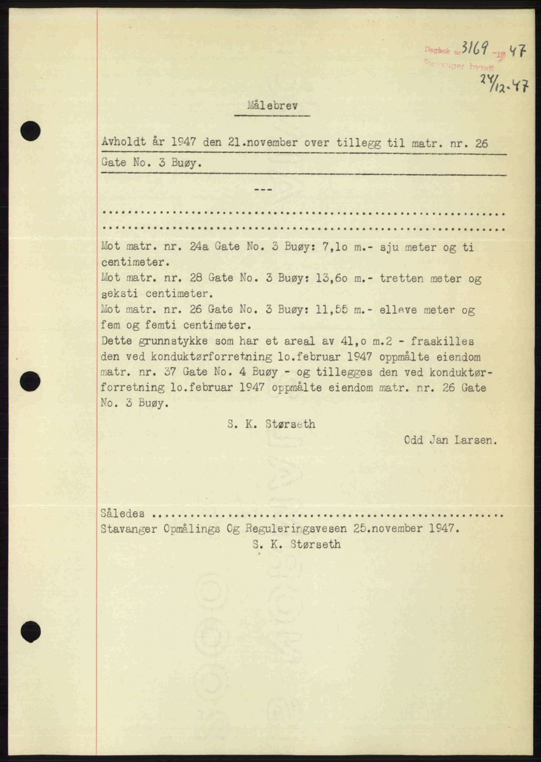 Stavanger byrett, SAST/A-100455/002/G/Gb/L0022: Mortgage book no. A11, 1947-1948, Diary no: : 3169/1947