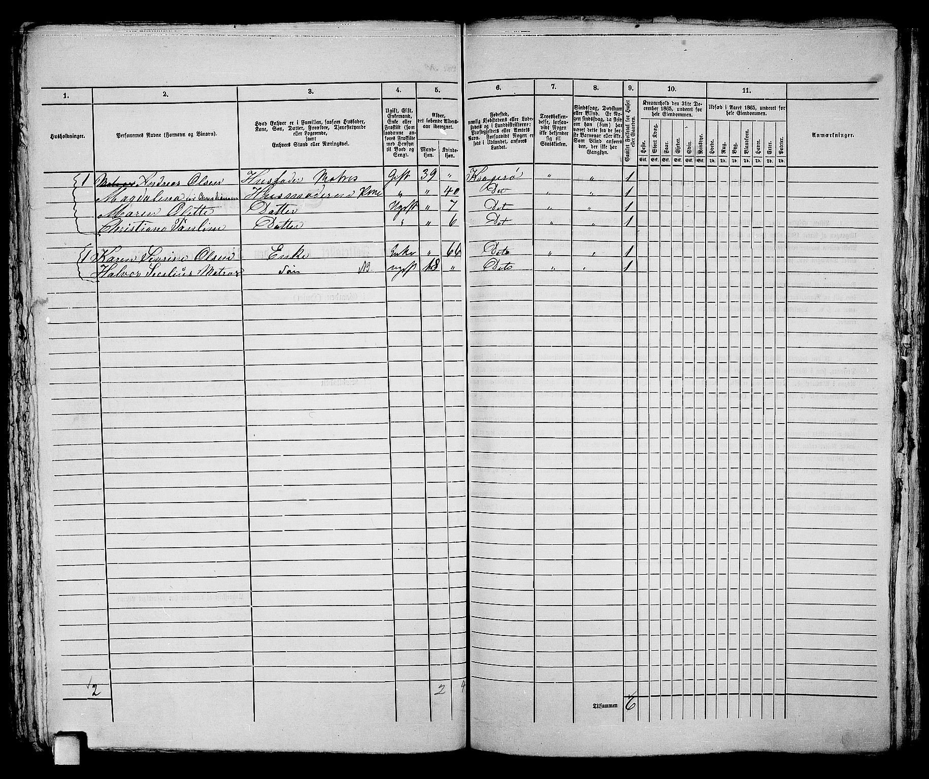 RA, 1865 census for Kragerø/Kragerø, 1865, p. 483