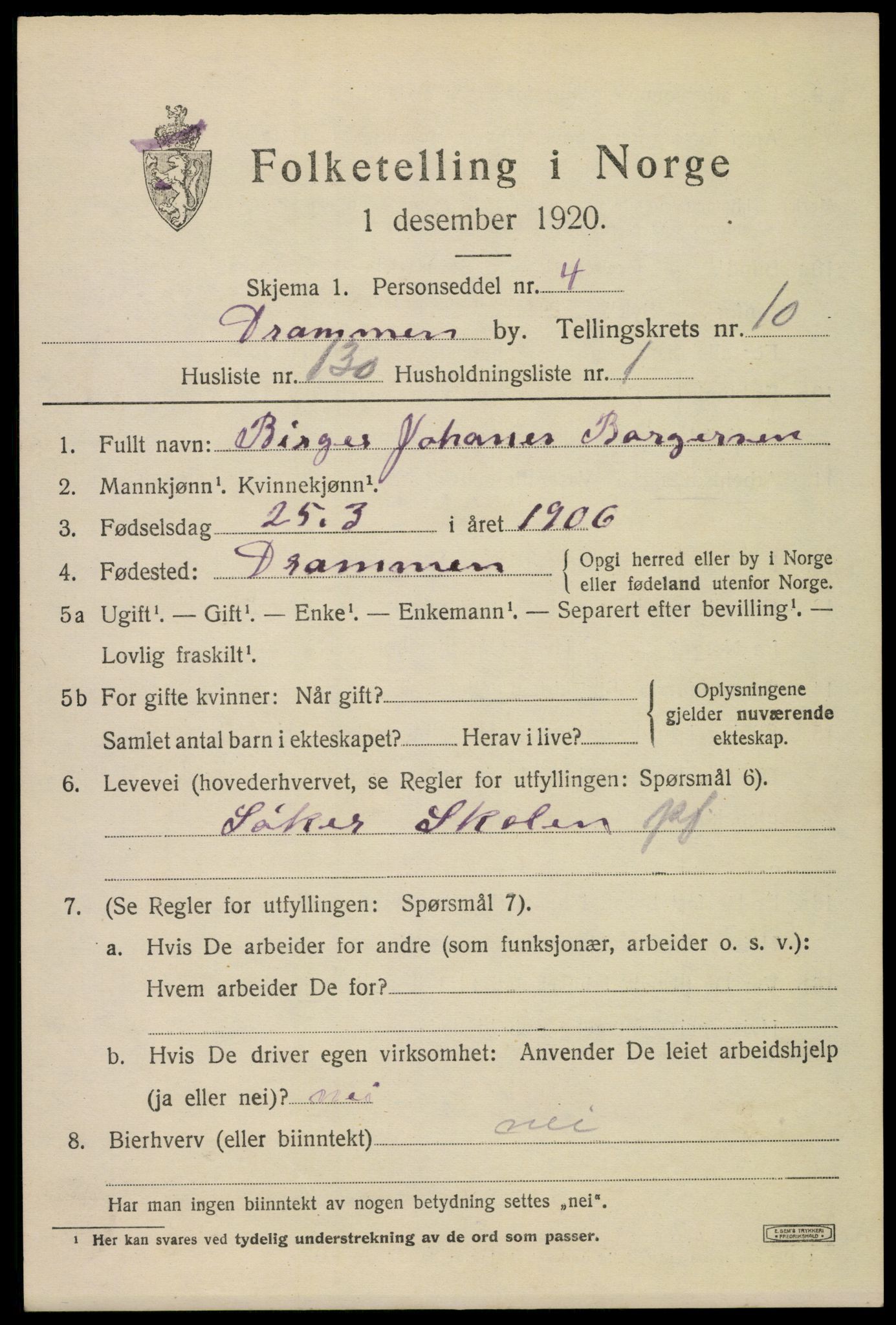 SAKO, 1920 census for Drammen, 1920, p. 64799