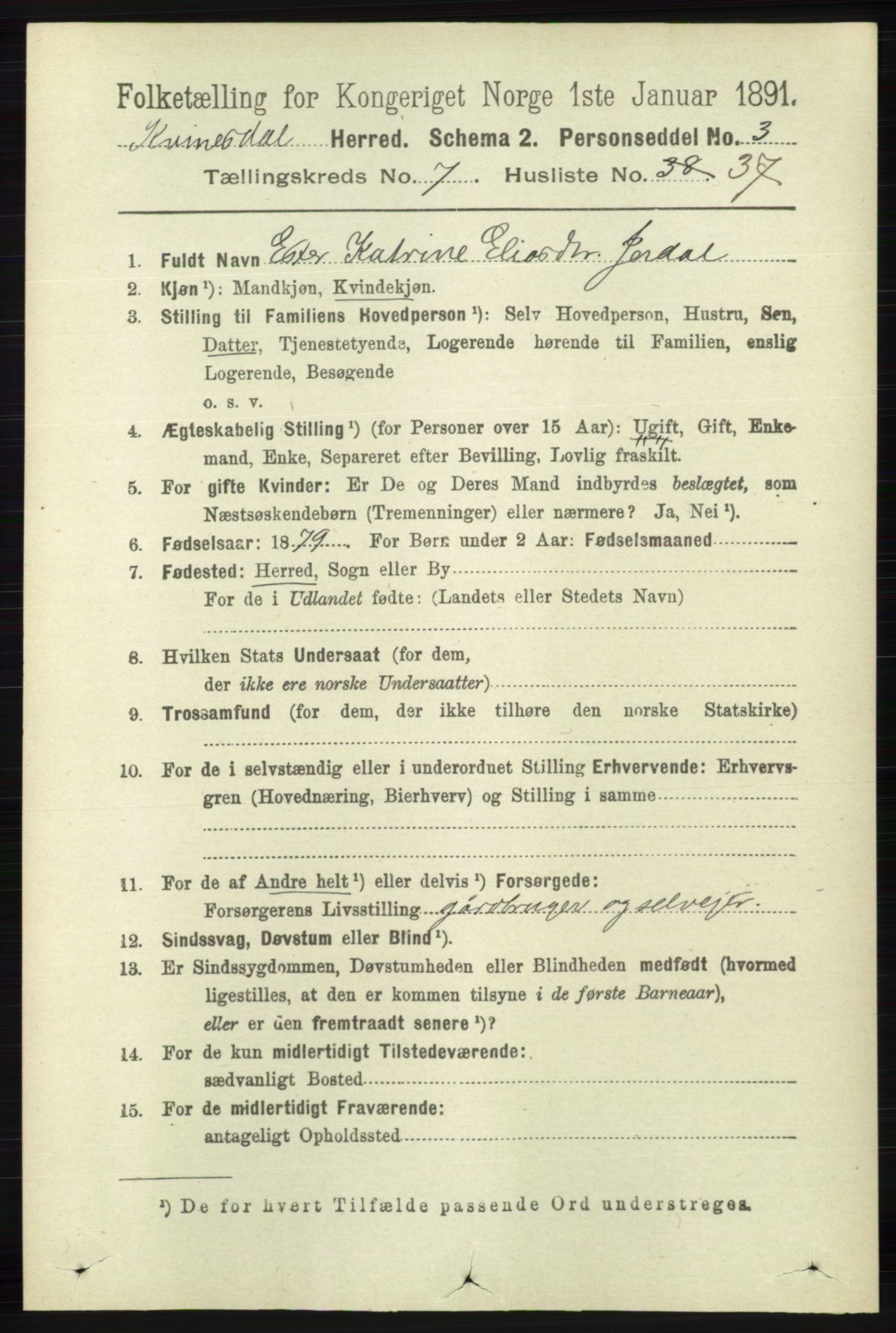 RA, 1891 census for 1037 Kvinesdal, 1891, p. 2646