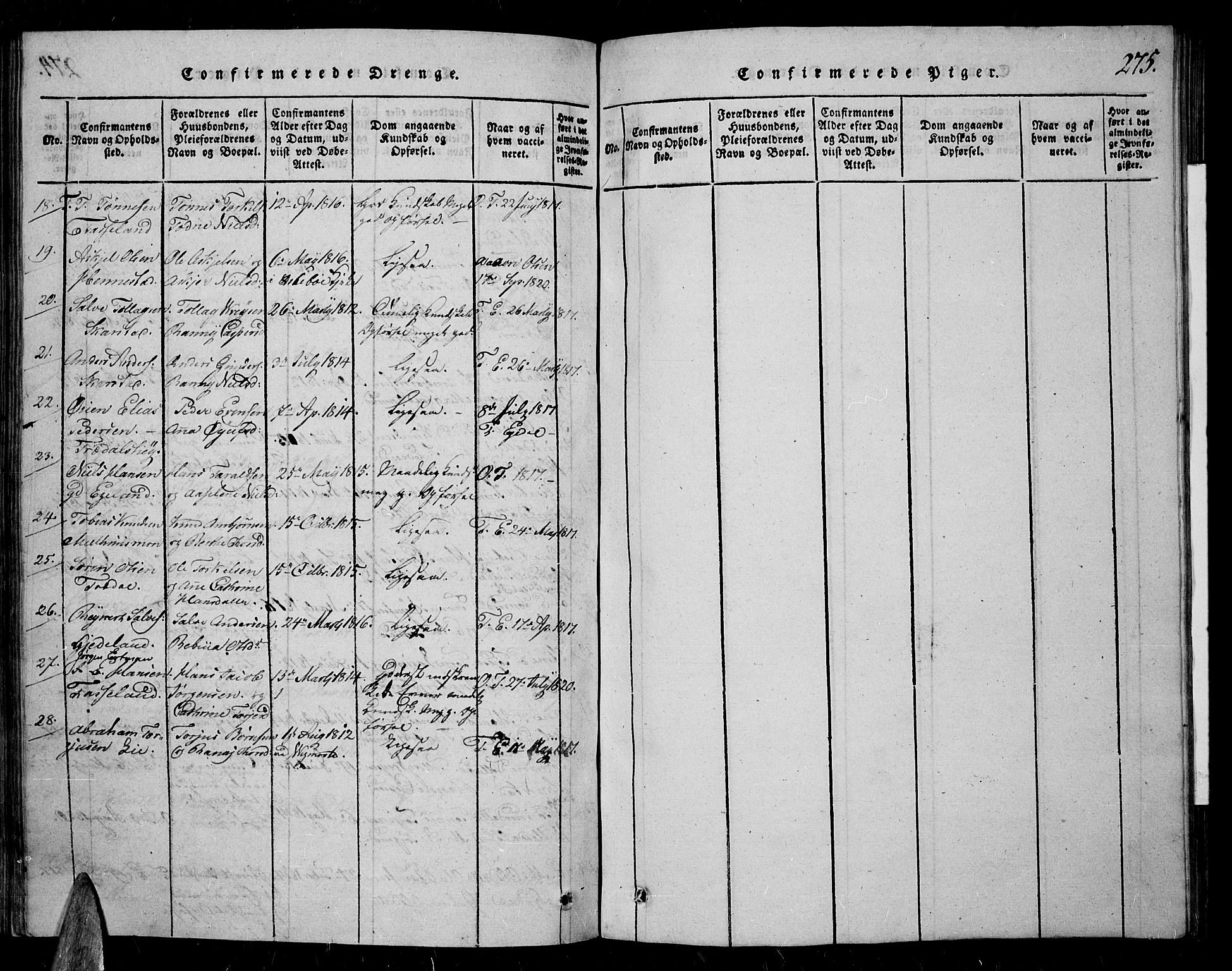 Sør-Audnedal sokneprestkontor, AV/SAK-1111-0039/F/Fa/Fab/L0005: Parish register (official) no. A 5, 1816-1830, p. 275