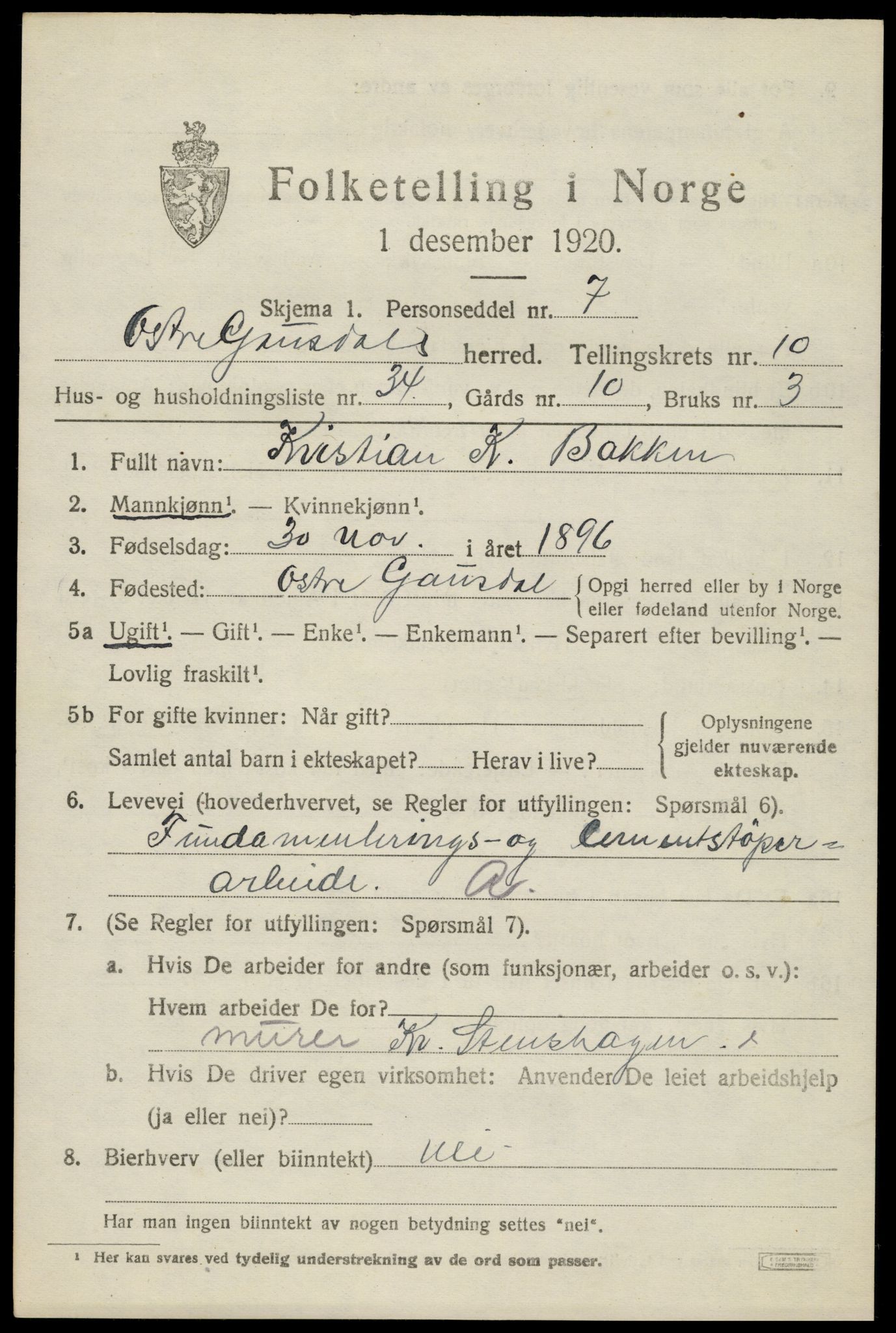 SAH, 1920 census for Østre Gausdal, 1920, p. 5816