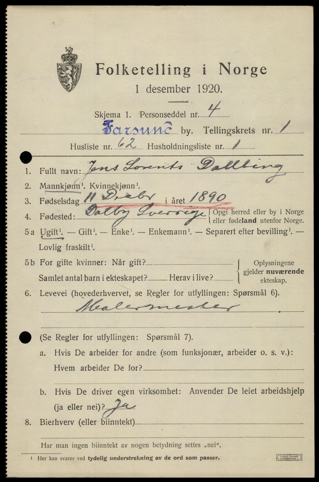 SAK, 1920 census for Farsund, 1920, p. 1969