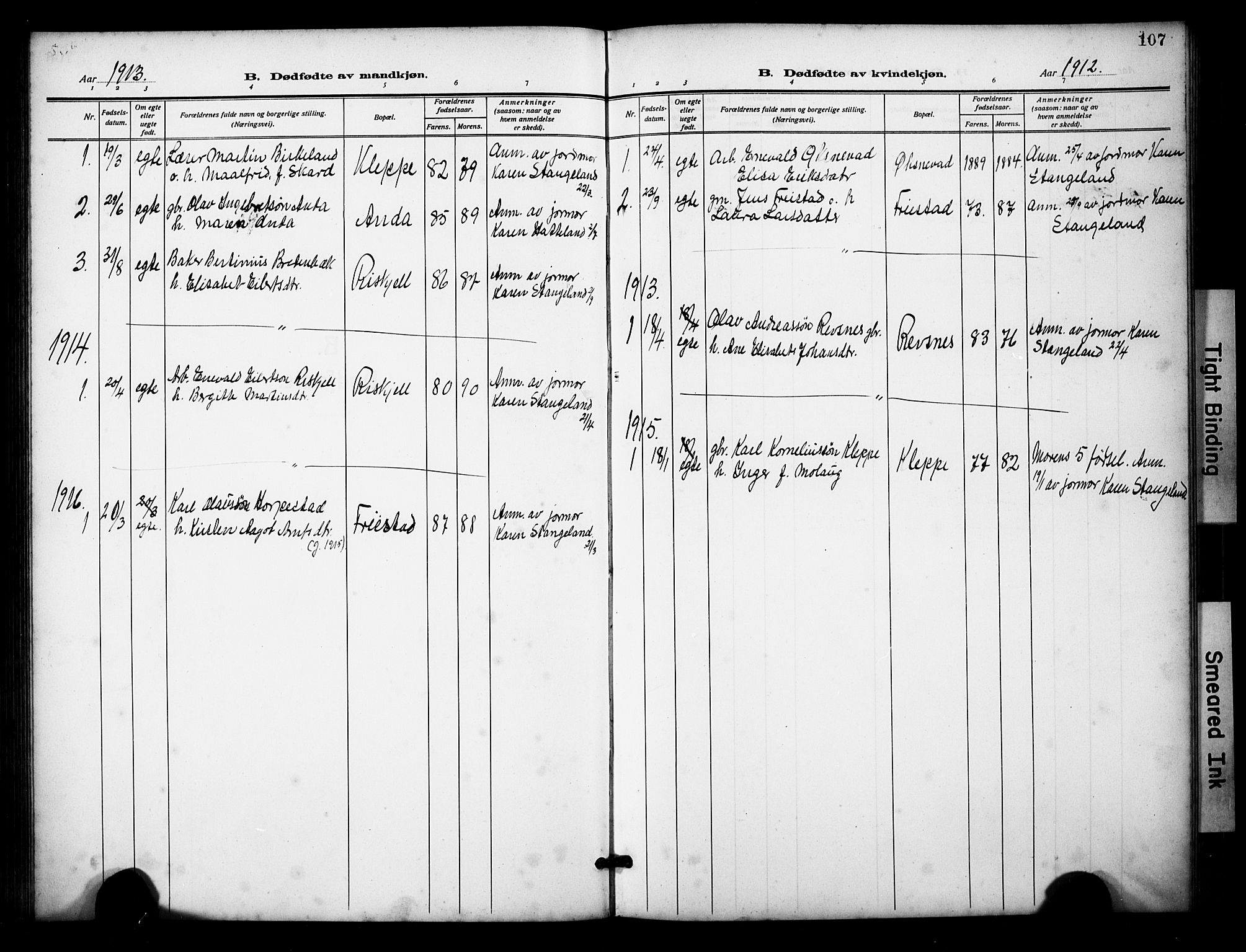 Klepp sokneprestkontor, AV/SAST-A-101803/001/3/30BB/L0007: Parish register (copy) no. B 7, 1908-1934, p. 107