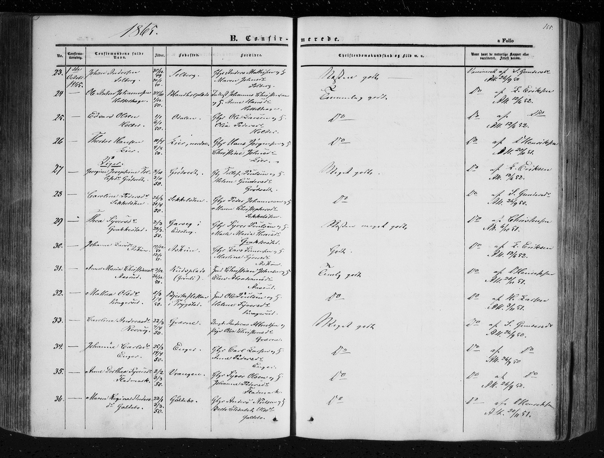 Askim prestekontor Kirkebøker, AV/SAO-A-10900/F/Fa/L0005: Parish register (official) no. 5, 1847-1879, p. 165