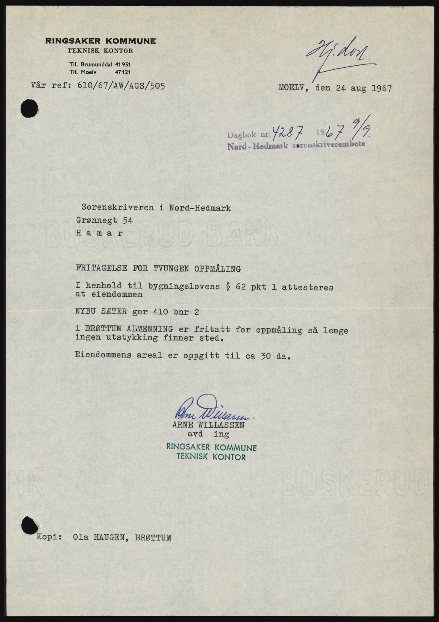 Nord-Hedmark sorenskriveri, SAH/TING-012/H/Hc/L0026: Mortgage book no. 26, 1967-1967, Diary no: : 4287/1967