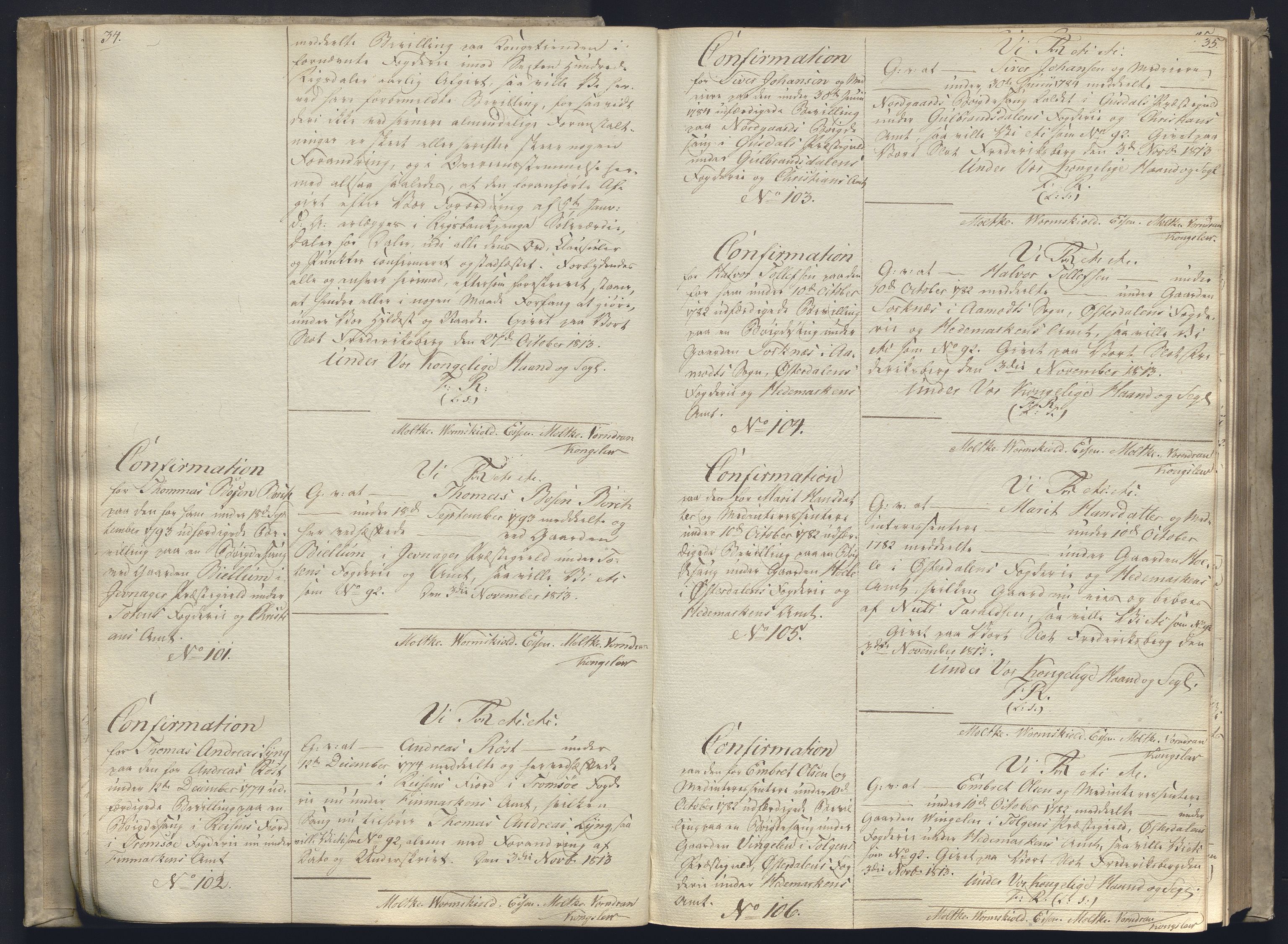 Rentekammeret, Kammerkanselliet, AV/RA-EA-3111/G/Gg/Ggc/Ggca/L0003: Norsk konfirmasjonsekspedisjonsprotokoll, 1813, p. 34-35