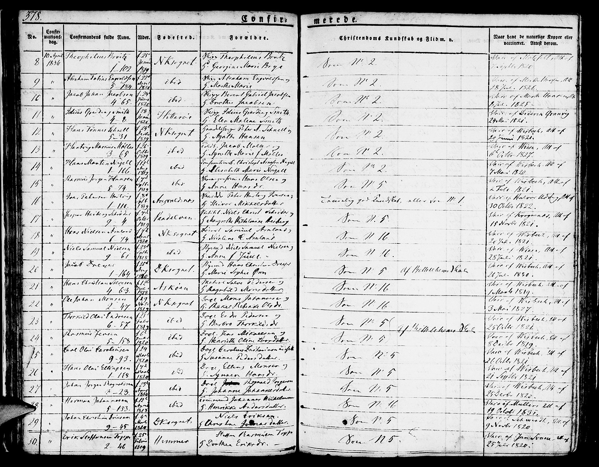 Nykirken Sokneprestembete, AV/SAB-A-77101/H/Hab: Parish register (copy) no. A 5II, 1821-1843, p. 378