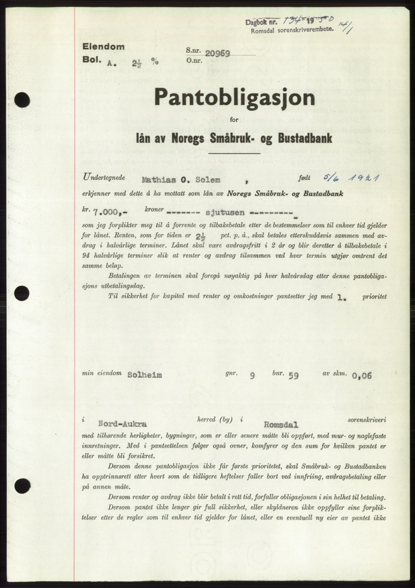 Romsdal sorenskriveri, AV/SAT-A-4149/1/2/2C: Mortgage book no. B5, 1949-1950, Diary no: : 134/1950