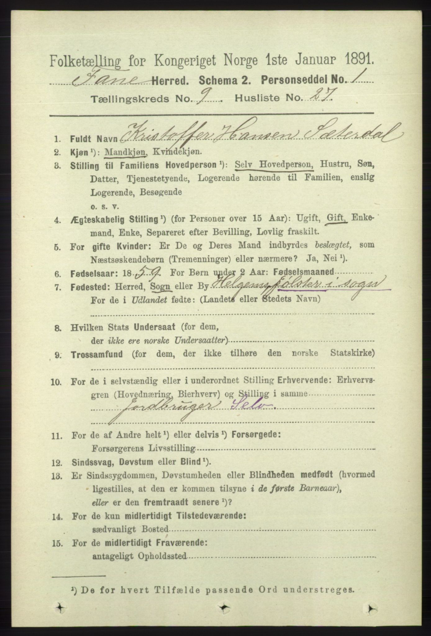 RA, 1891 census for 1249 Fana, 1891, p. 5003