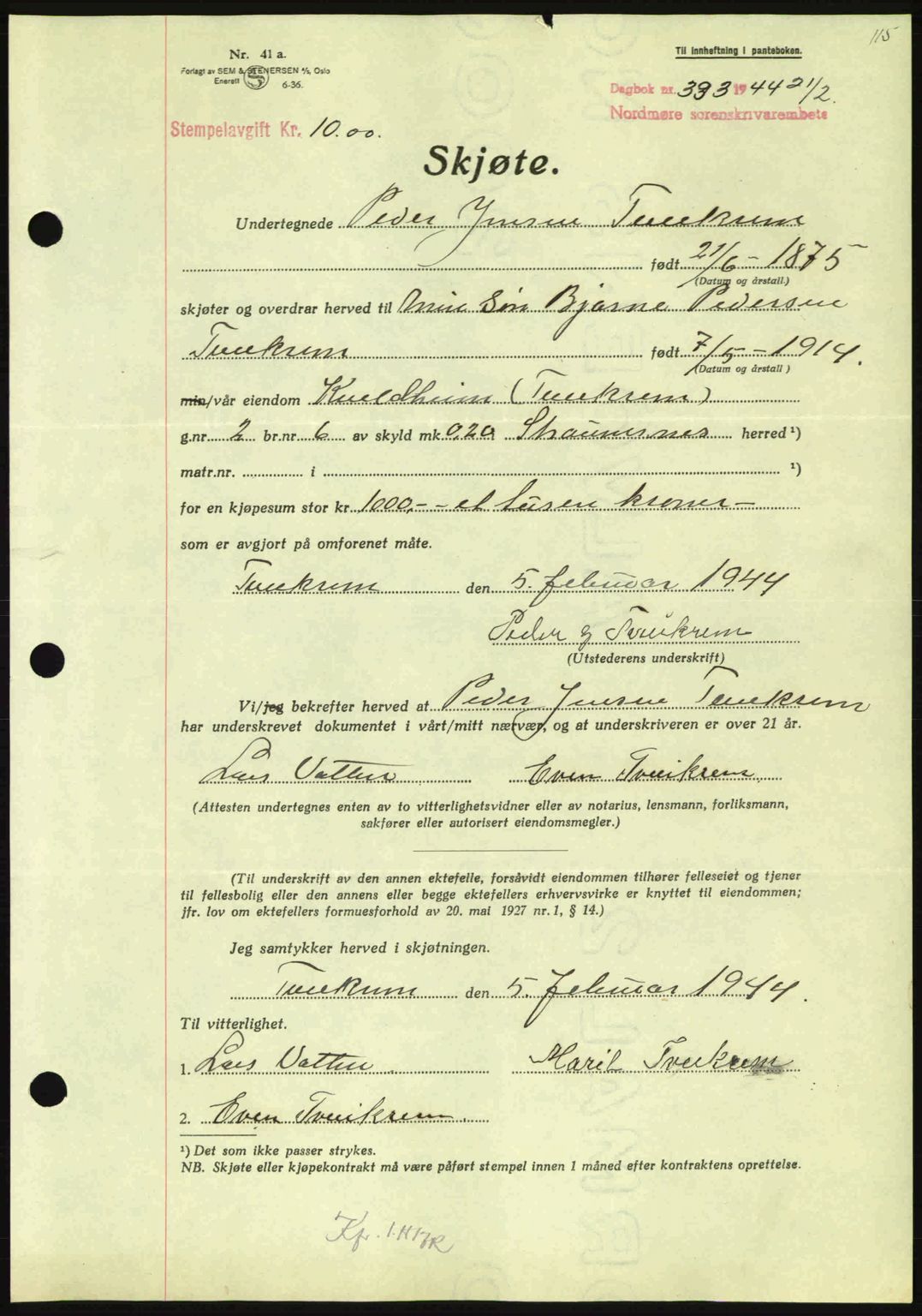 Nordmøre sorenskriveri, AV/SAT-A-4132/1/2/2Ca: Mortgage book no. A97, 1944-1944, Diary no: : 333/1944