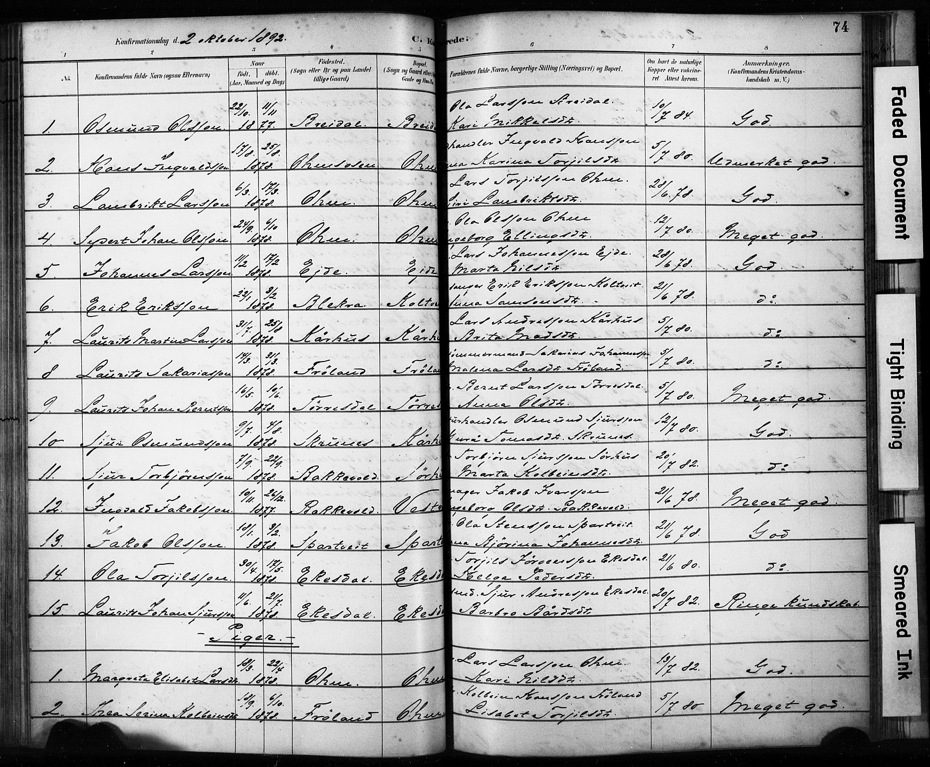 Skjold sokneprestkontor, AV/SAST-A-101847/H/Ha/Haa/L0009: Parish register (official) no. A 9, 1882-1898, p. 74