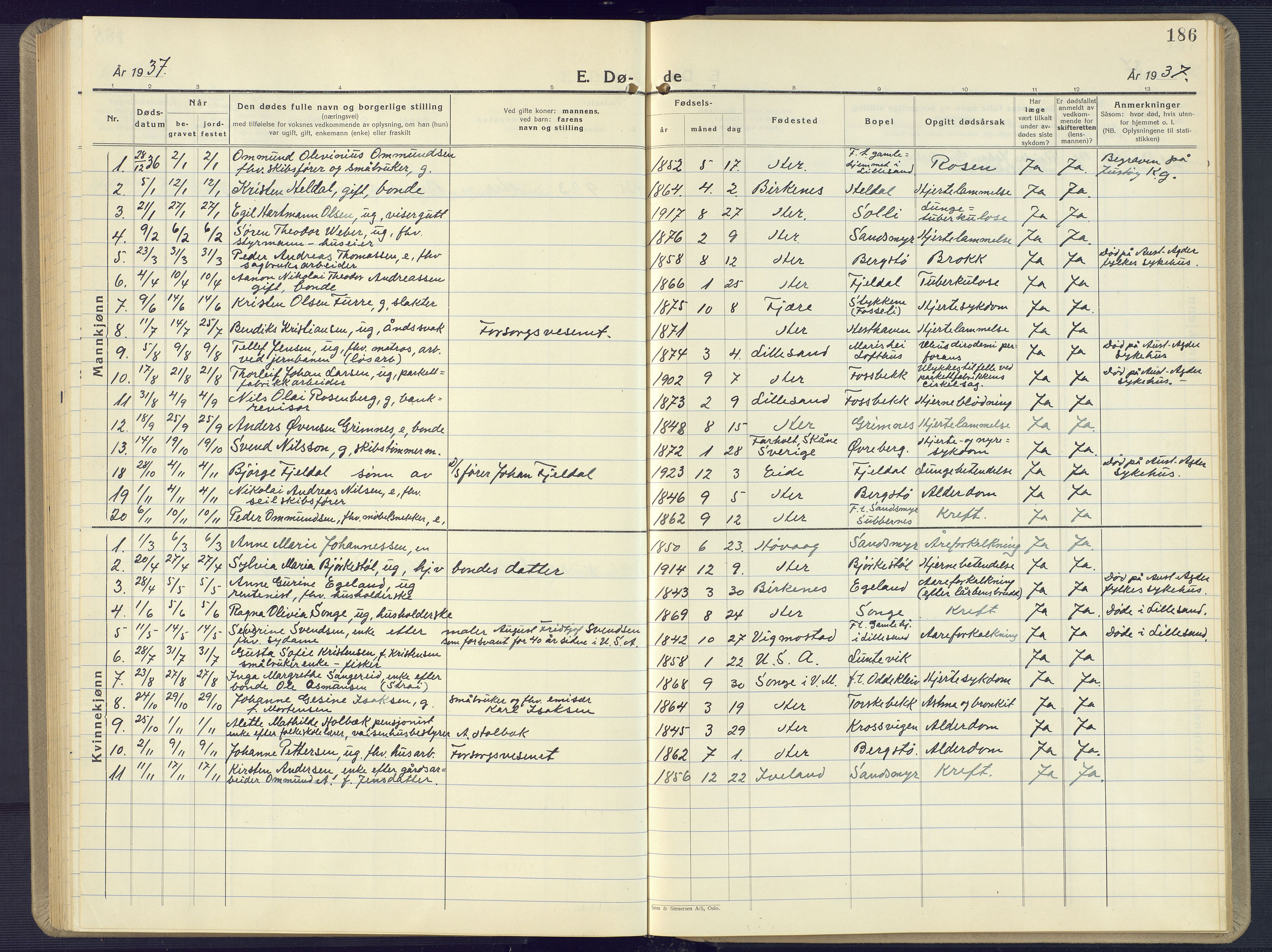 Vestre Moland sokneprestkontor, SAK/1111-0046/F/Fb/Fbb/L0008: Parish register (copy) no. B 8, 1930-1966, p. 186