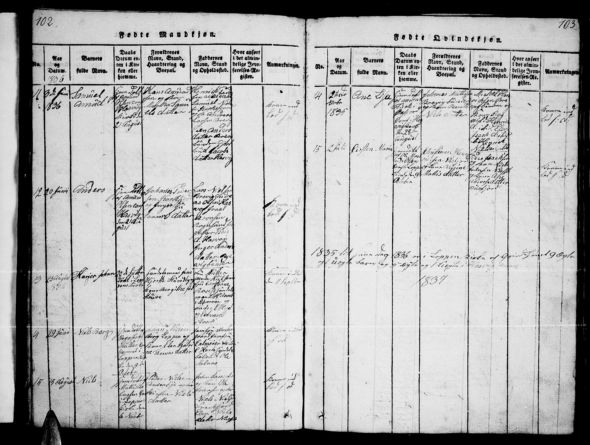 Loppa sokneprestkontor, AV/SATØ-S-1339/H/Hb/L0001klokker: Parish register (copy) no. 1, 1820-1849, p. 102-103