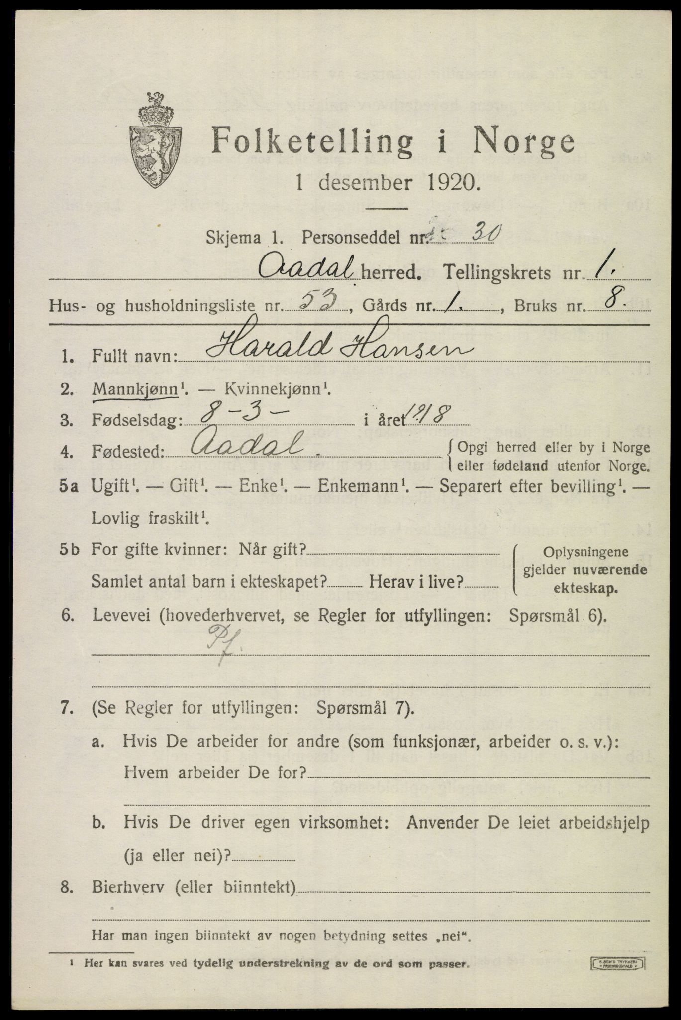 SAKO, 1920 census for Ådal, 1920, p. 2044