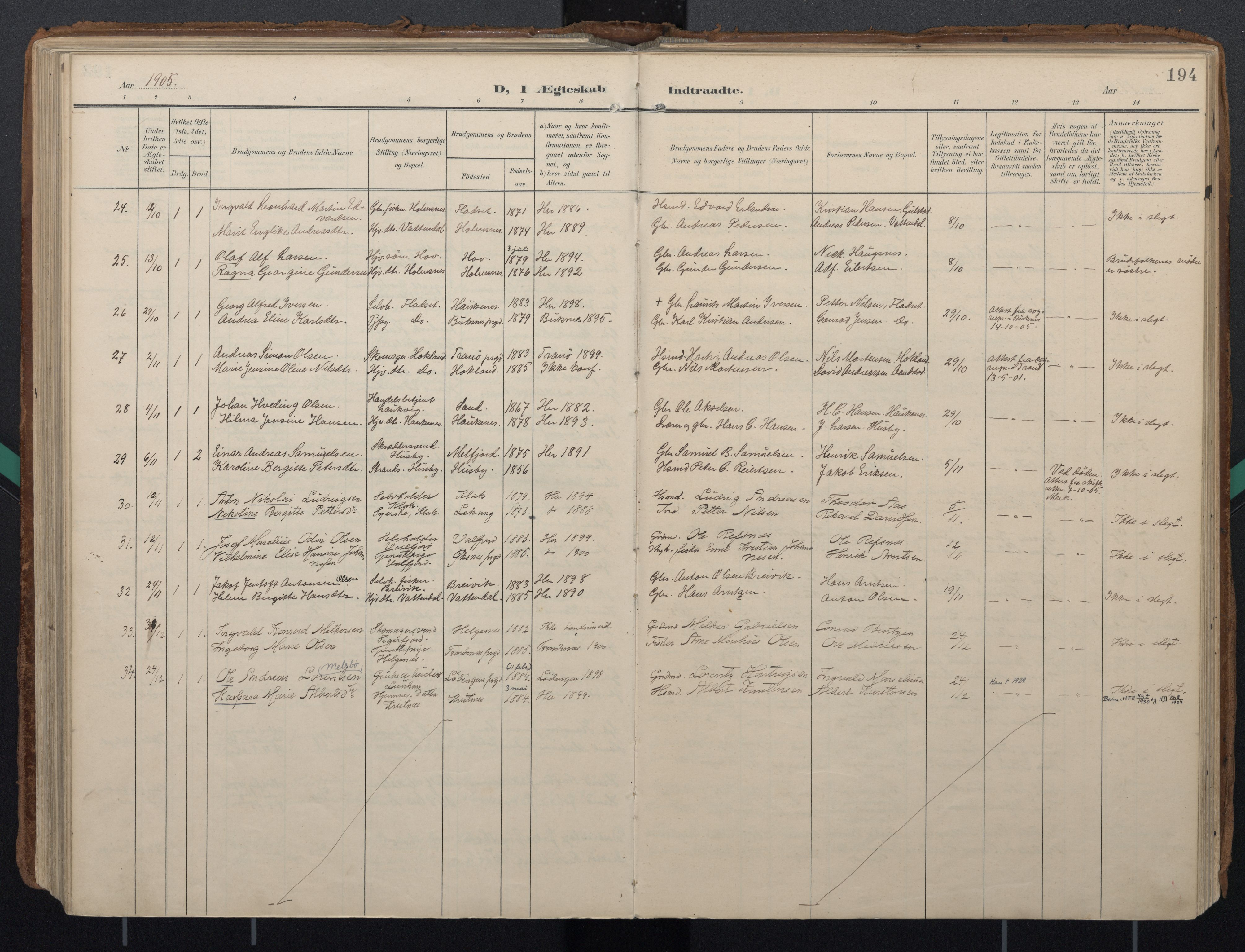 Ministerialprotokoller, klokkerbøker og fødselsregistre - Nordland, AV/SAT-A-1459/888/L1248: Parish register (official) no. 888A14, 1904-1913, p. 194