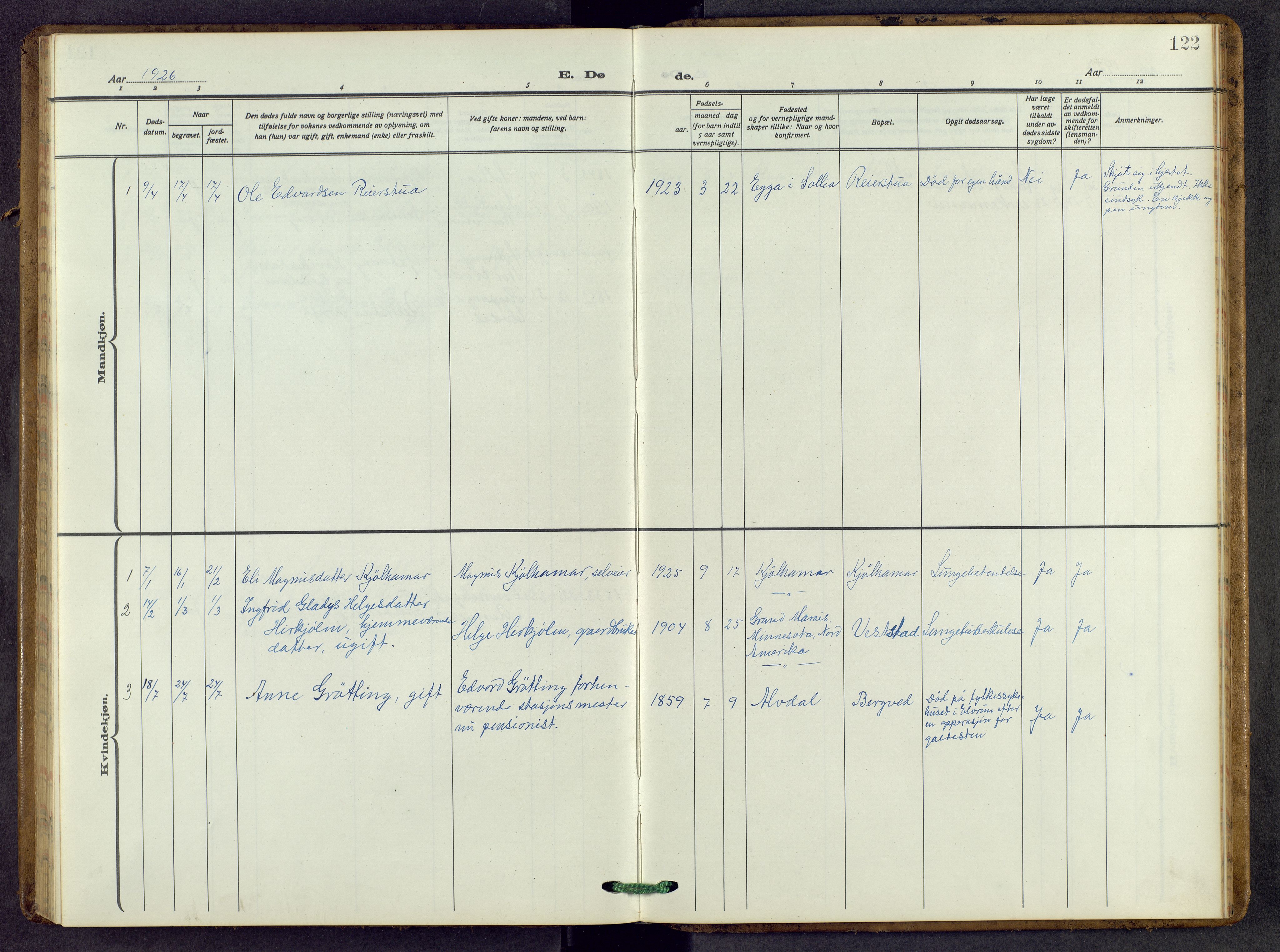 Stor-Elvdal prestekontor, SAH/PREST-052/H/Ha/Hab/L0007: Parish register (copy) no. 7, 1921-1959, p. 122