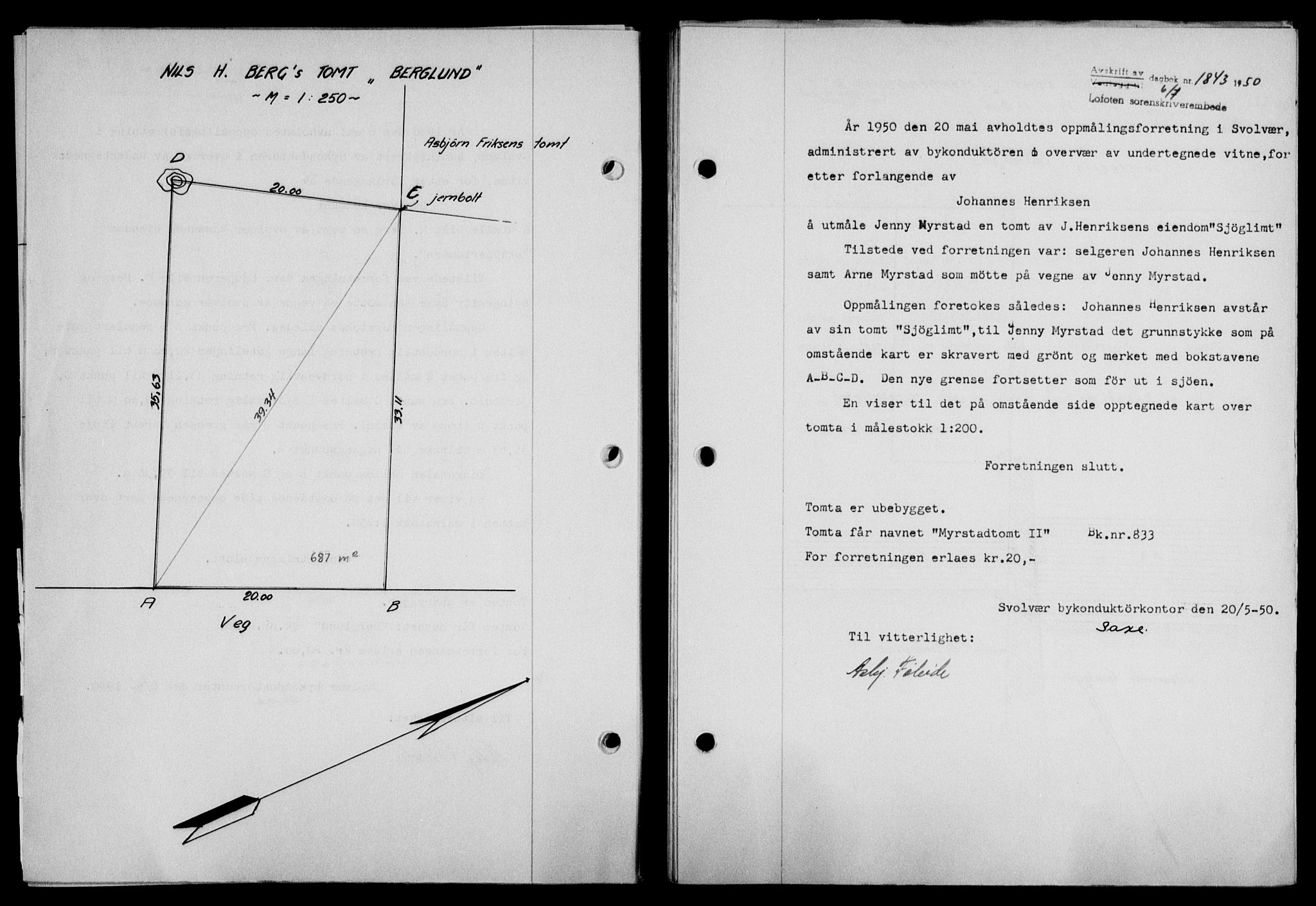 Lofoten sorenskriveri, SAT/A-0017/1/2/2C/L0024a: Mortgage book no. 24a, 1950-1950, Diary no: : 1843/1950