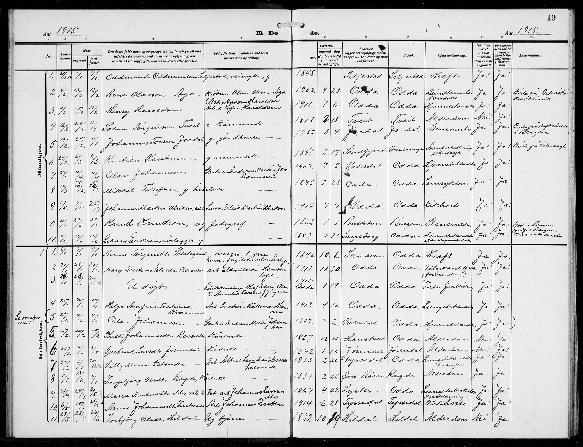 Odda Sokneprestembete, AV/SAB-A-77201/H/Hab: Parish register (copy) no. E 1, 1910-1940, p. 19