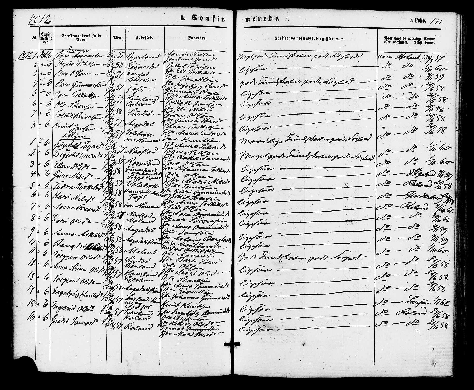 Bjelland sokneprestkontor, SAK/1111-0005/F/Fa/Faa/L0003: Parish register (official) no. A 3, 1867-1887, p. 141