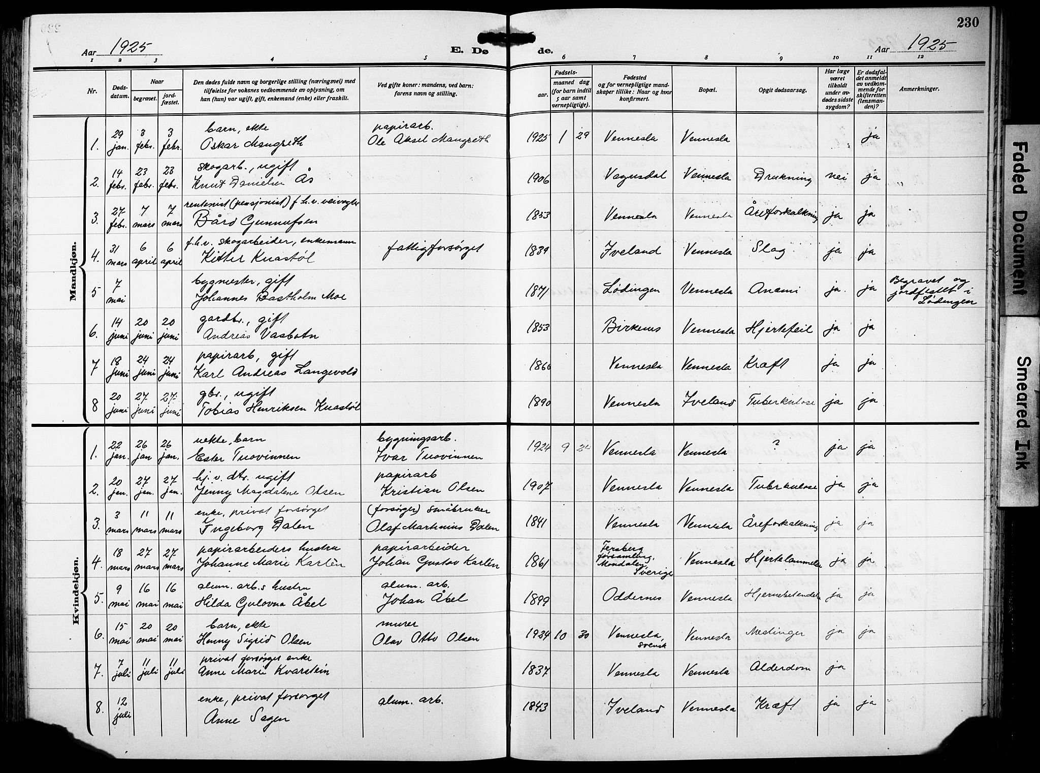 Vennesla sokneprestkontor, AV/SAK-1111-0045/Fb/Fbb/L0007: Parish register (copy) no. B 7, 1922-1933, p. 230