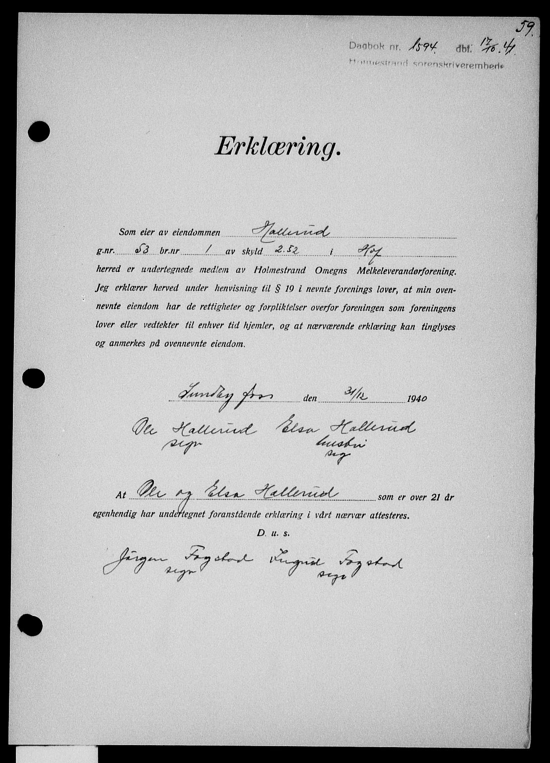 Holmestrand sorenskriveri, SAKO/A-67/G/Ga/Gaa/L0054: Mortgage book no. A-54, 1941-1942, Diary no: : 1594/1941