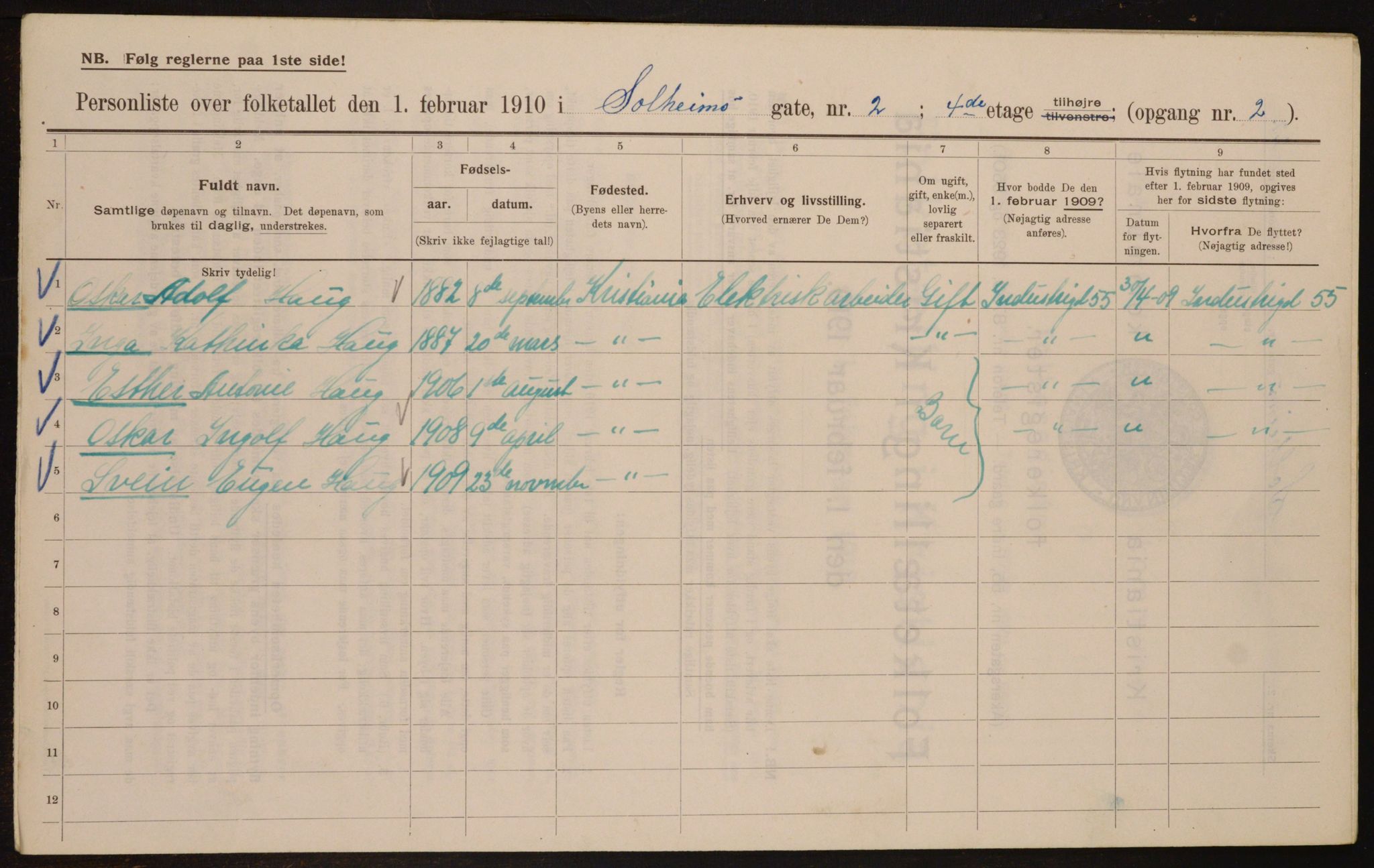 OBA, Municipal Census 1910 for Kristiania, 1910, p. 94849