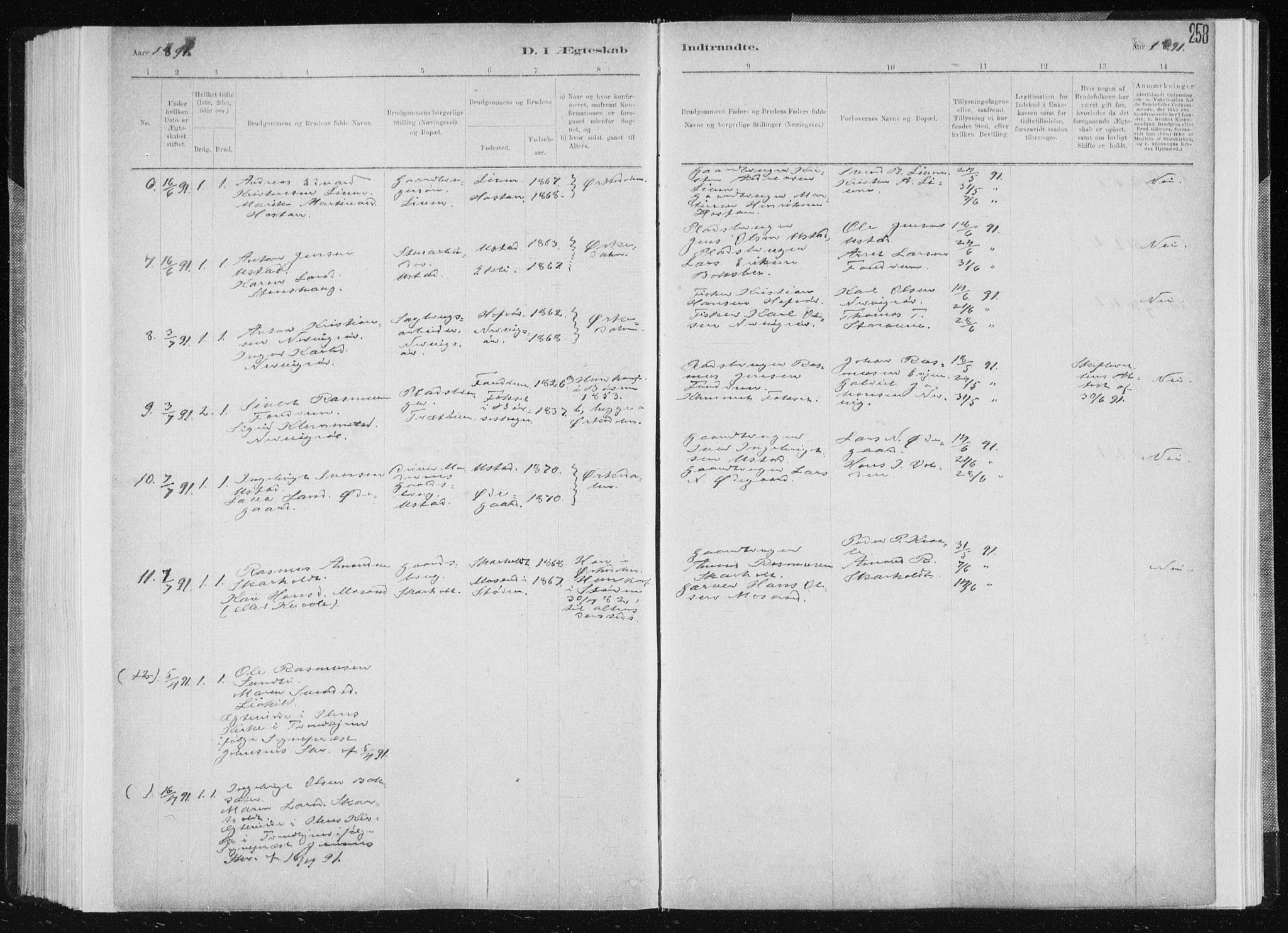 Ministerialprotokoller, klokkerbøker og fødselsregistre - Sør-Trøndelag, AV/SAT-A-1456/668/L0818: Parish register (copy) no. 668C07, 1885-1898, p. 258