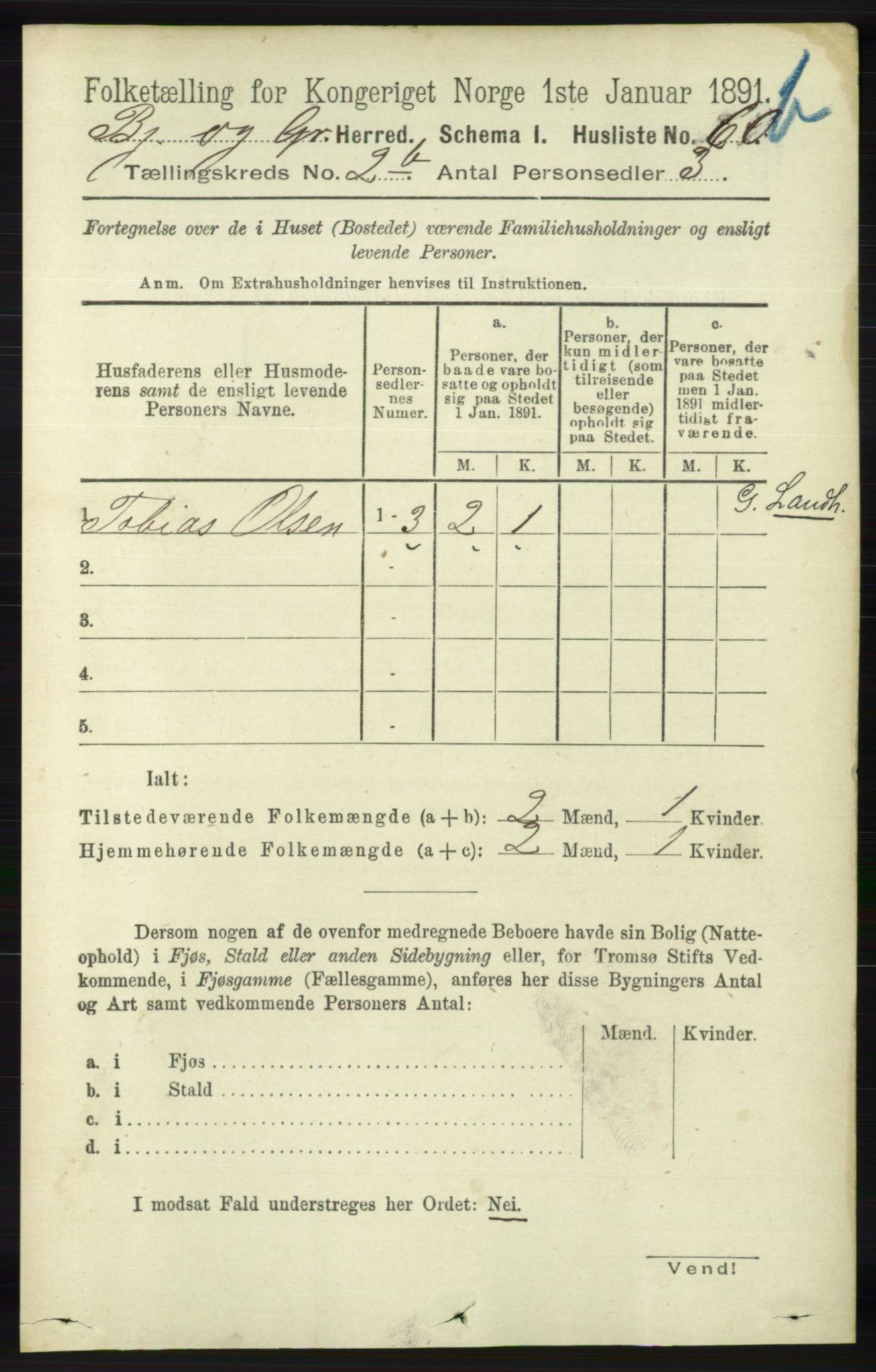 RA, 1891 census for 1024 Bjelland og Grindheim, 1891, p. 303