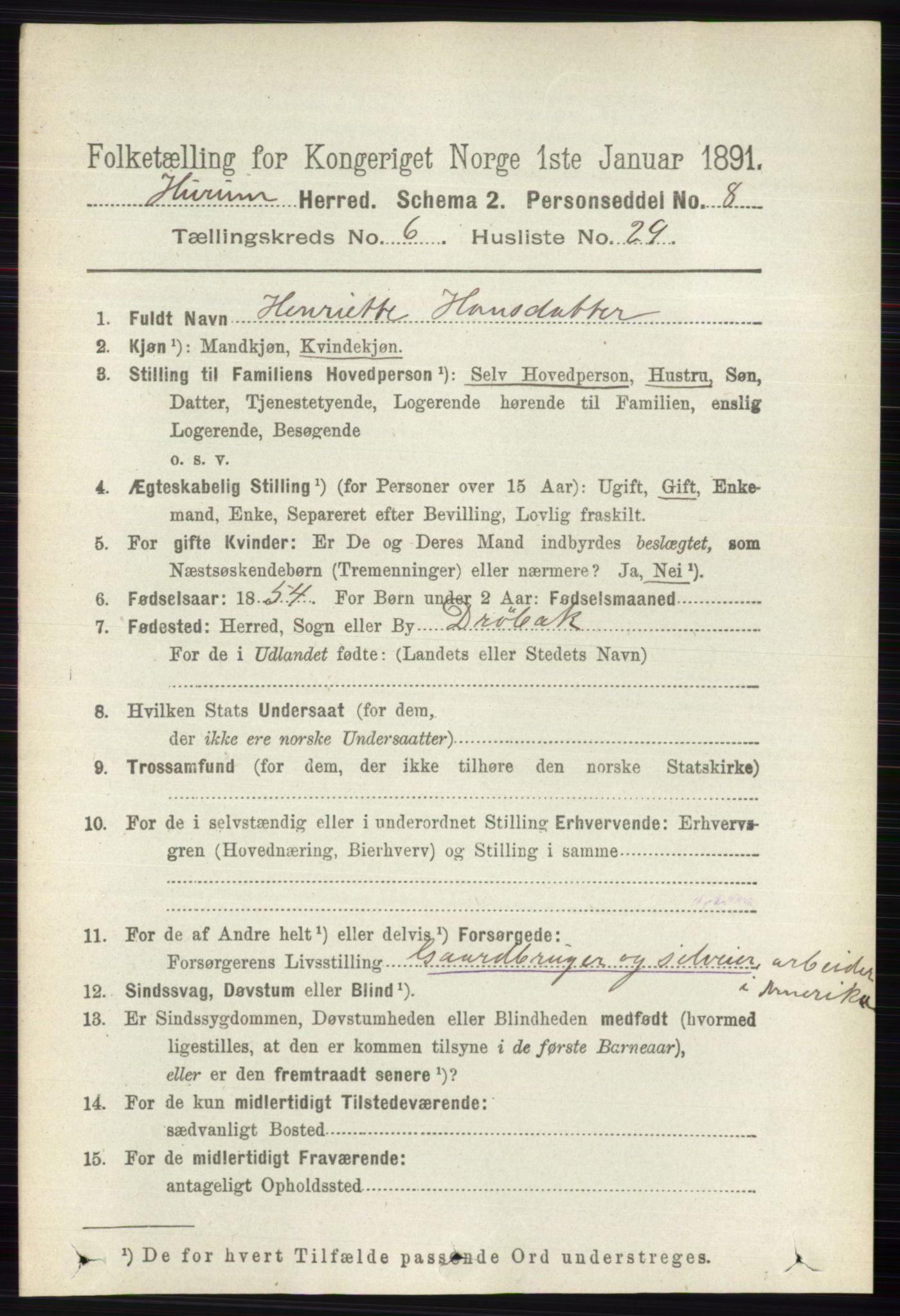 RA, 1891 census for 0628 Hurum, 1891, p. 2151