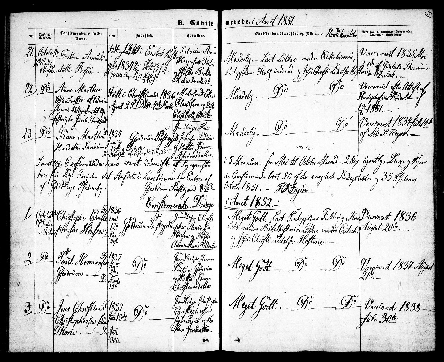 Gjerdrum prestekontor Kirkebøker, AV/SAO-A-10412b/F/Fa/L0006: Parish register (official) no. I 6, 1845-1856, p. 142