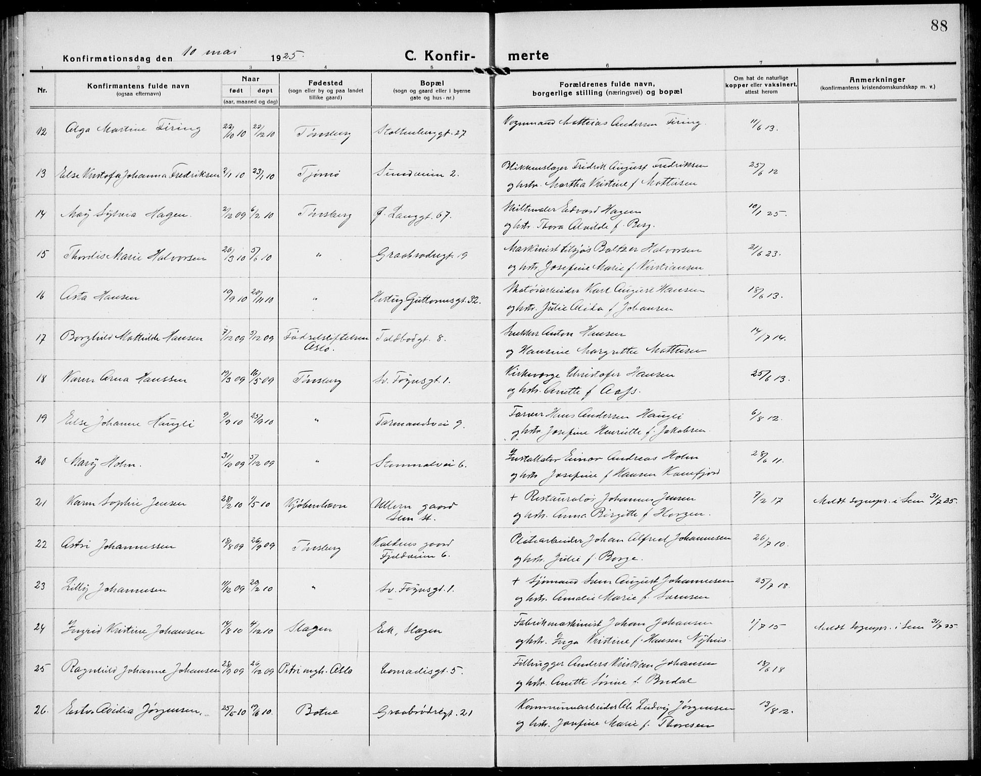 Tønsberg kirkebøker, AV/SAKO-A-330/G/Ga/L0013: Parish register (copy) no. 13, 1920-1929, p. 88