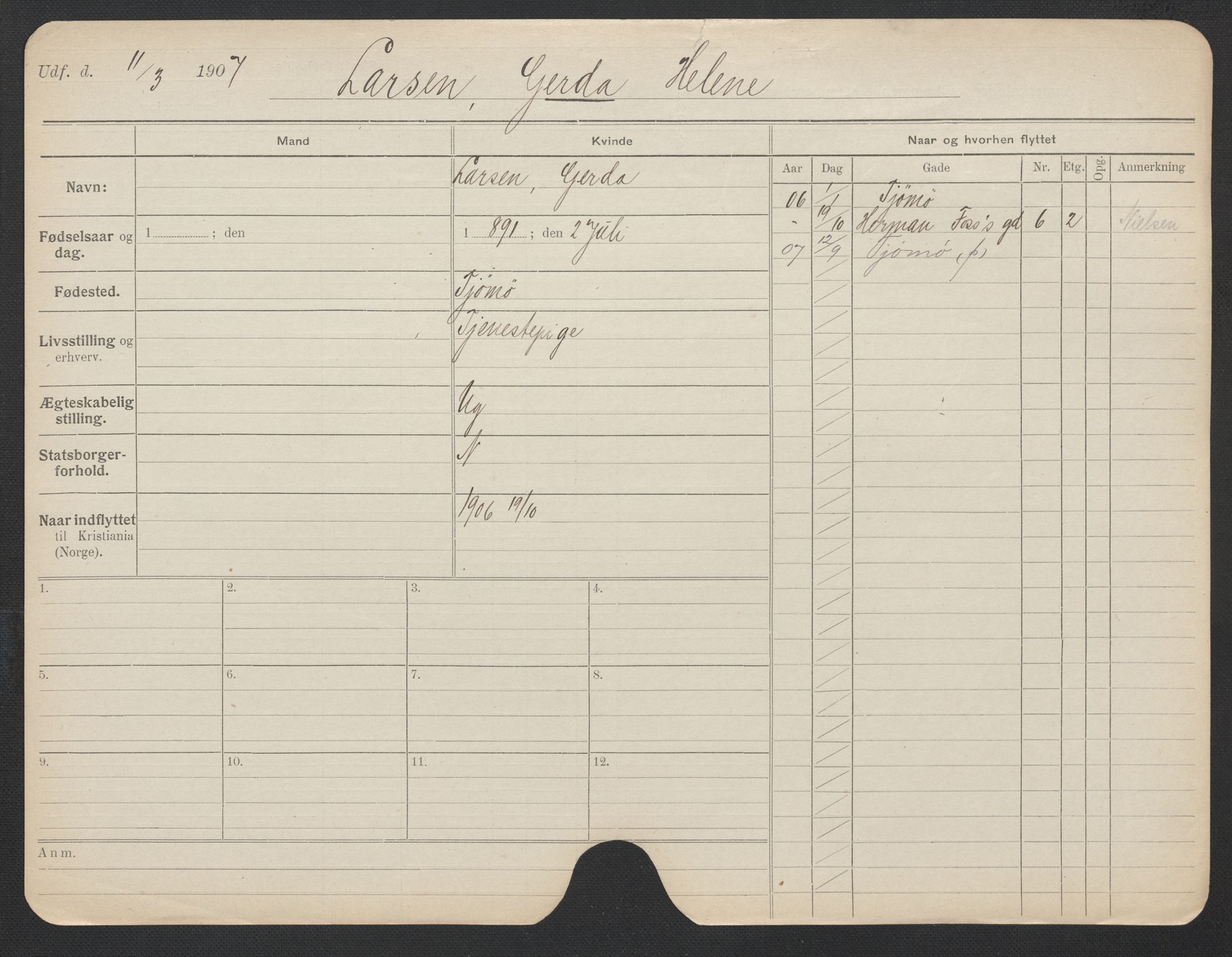 Oslo folkeregister, Registerkort, AV/SAO-A-11715/F/Fa/Fac/L0019: Kvinner, 1906-1914, p. 885a
