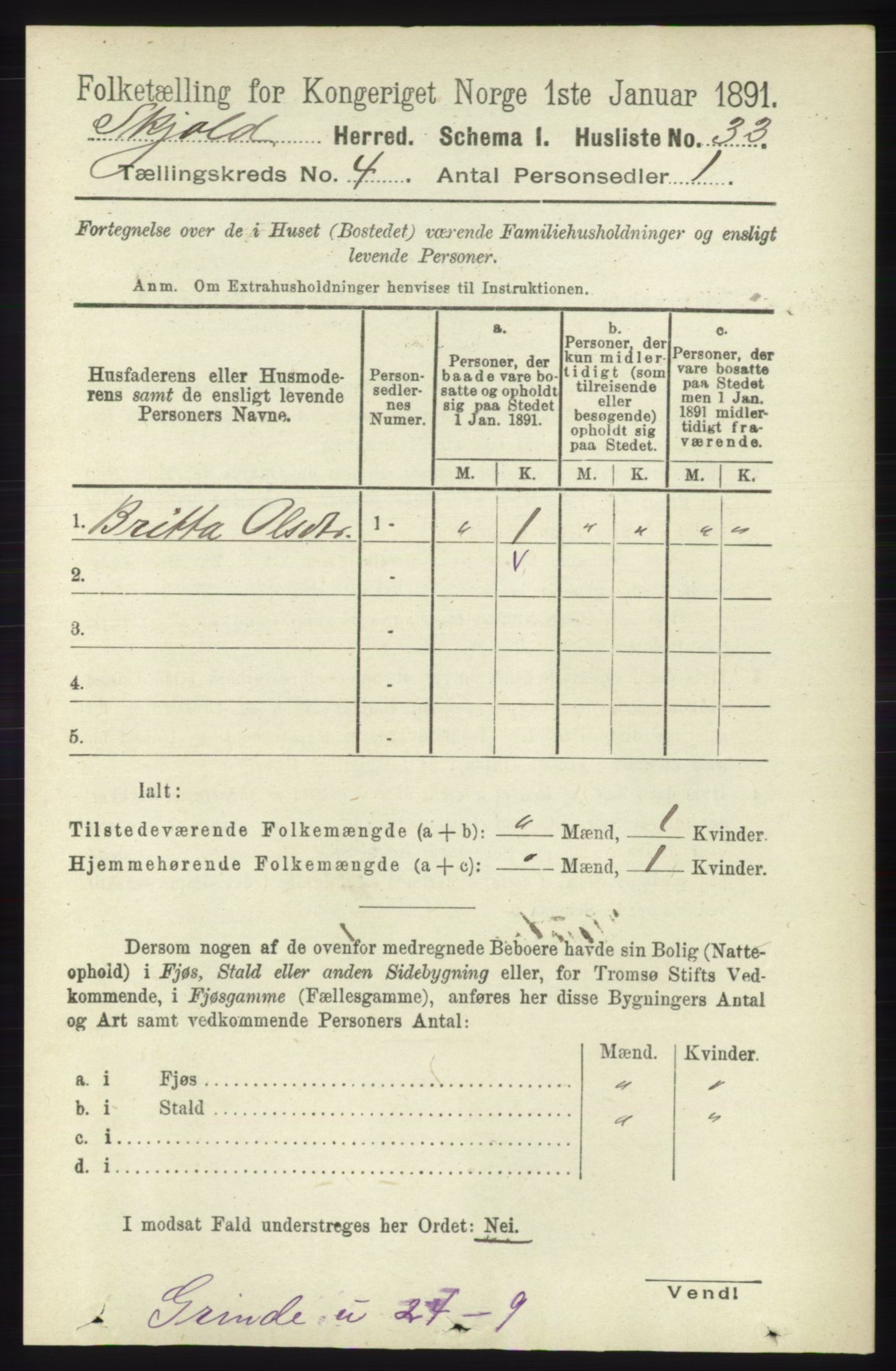 RA, 1891 census for 1154 Skjold, 1891, p. 543