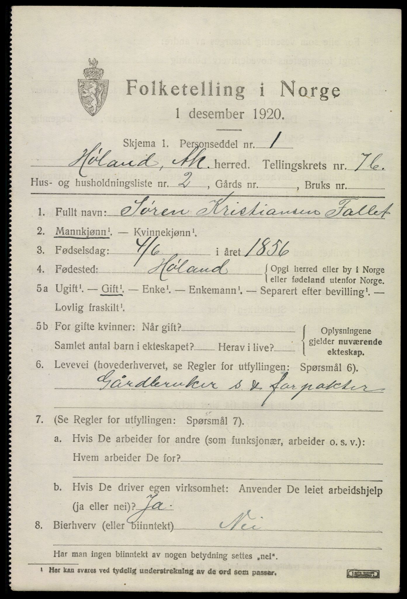 SAO, 1920 census for Høland, 1920, p. 9659