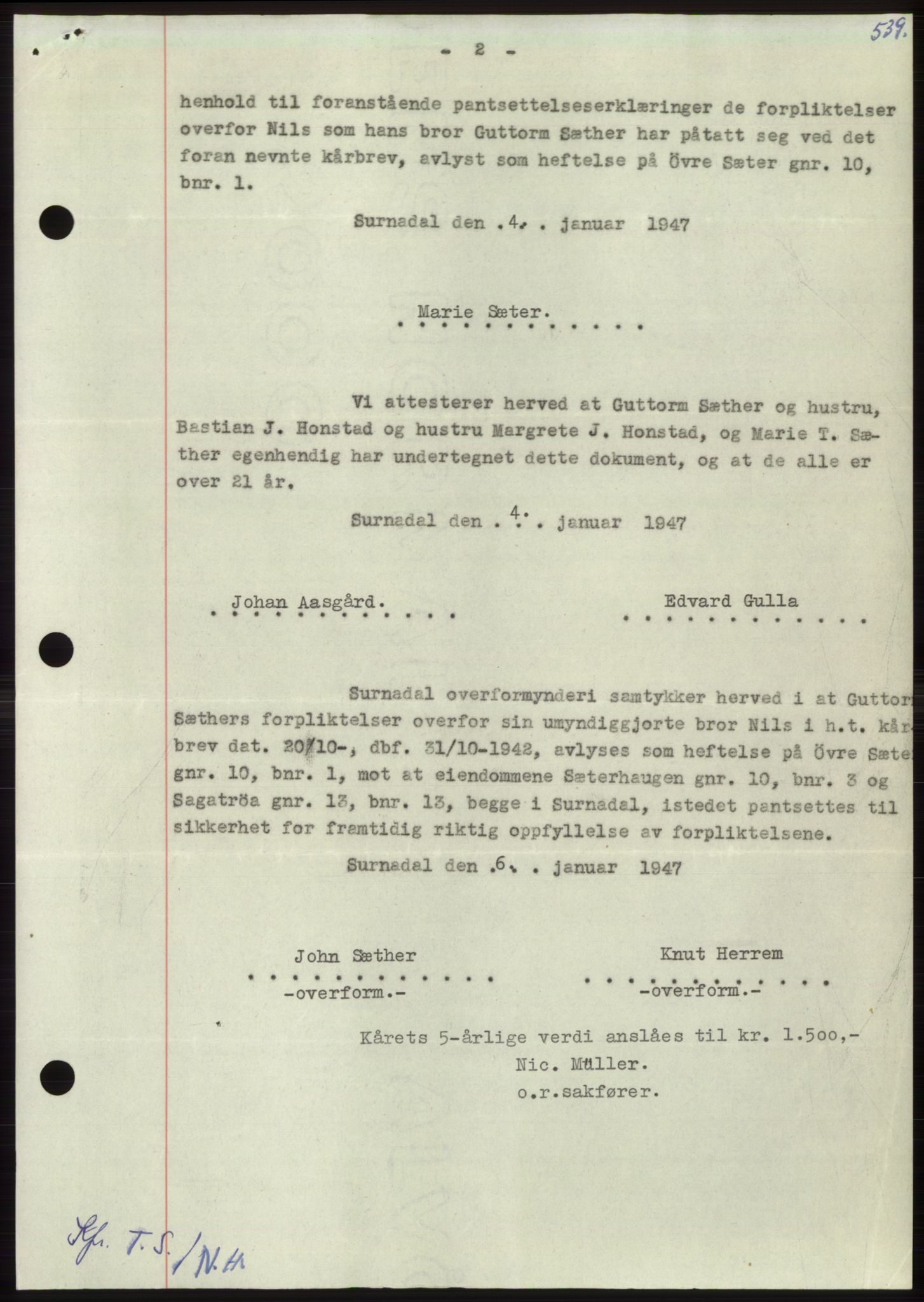 Nordmøre sorenskriveri, AV/SAT-A-4132/1/2/2Ca: Mortgage book no. B96, 1947-1947, Diary no: : 1347/1947