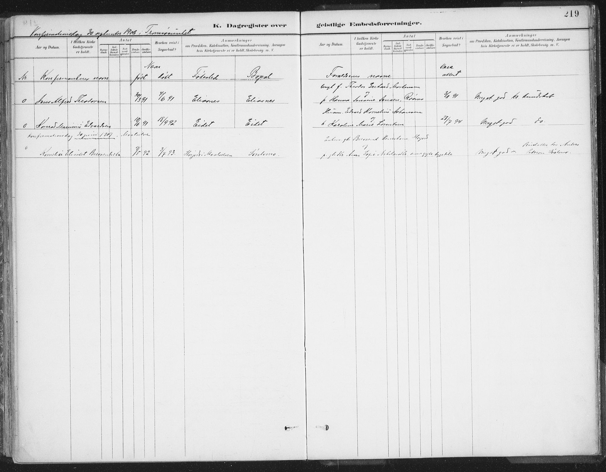 Balsfjord sokneprestembete, SATØ/S-1303/G/Ga/L0007kirke: Parish register (official) no. 7, 1887-1909, p. 219
