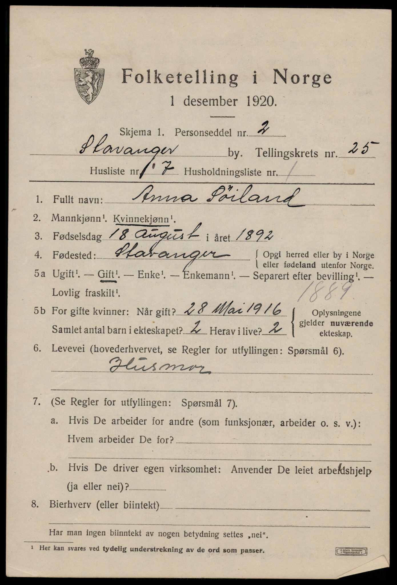 SAST, 1920 census for Stavanger, 1920, p. 77046