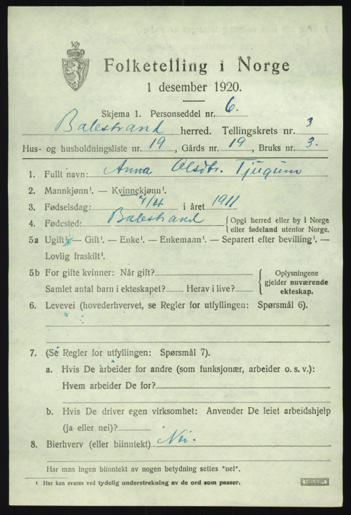 SAB, 1920 census for Balestrand, 1920, p. 2102