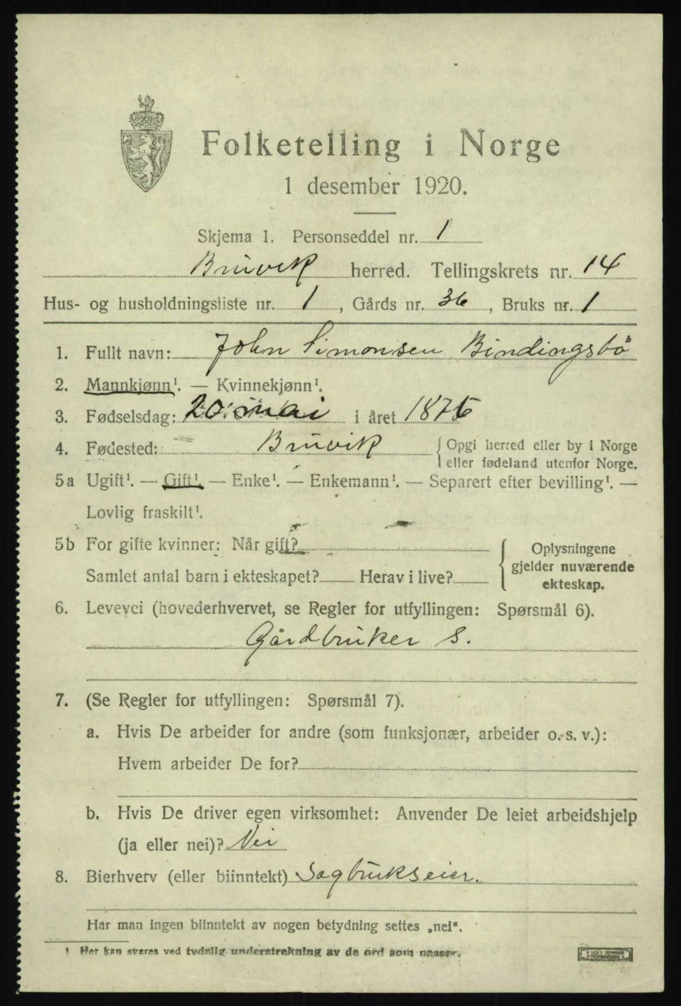 SAB, 1920 census for Bruvik, 1920, p. 8518