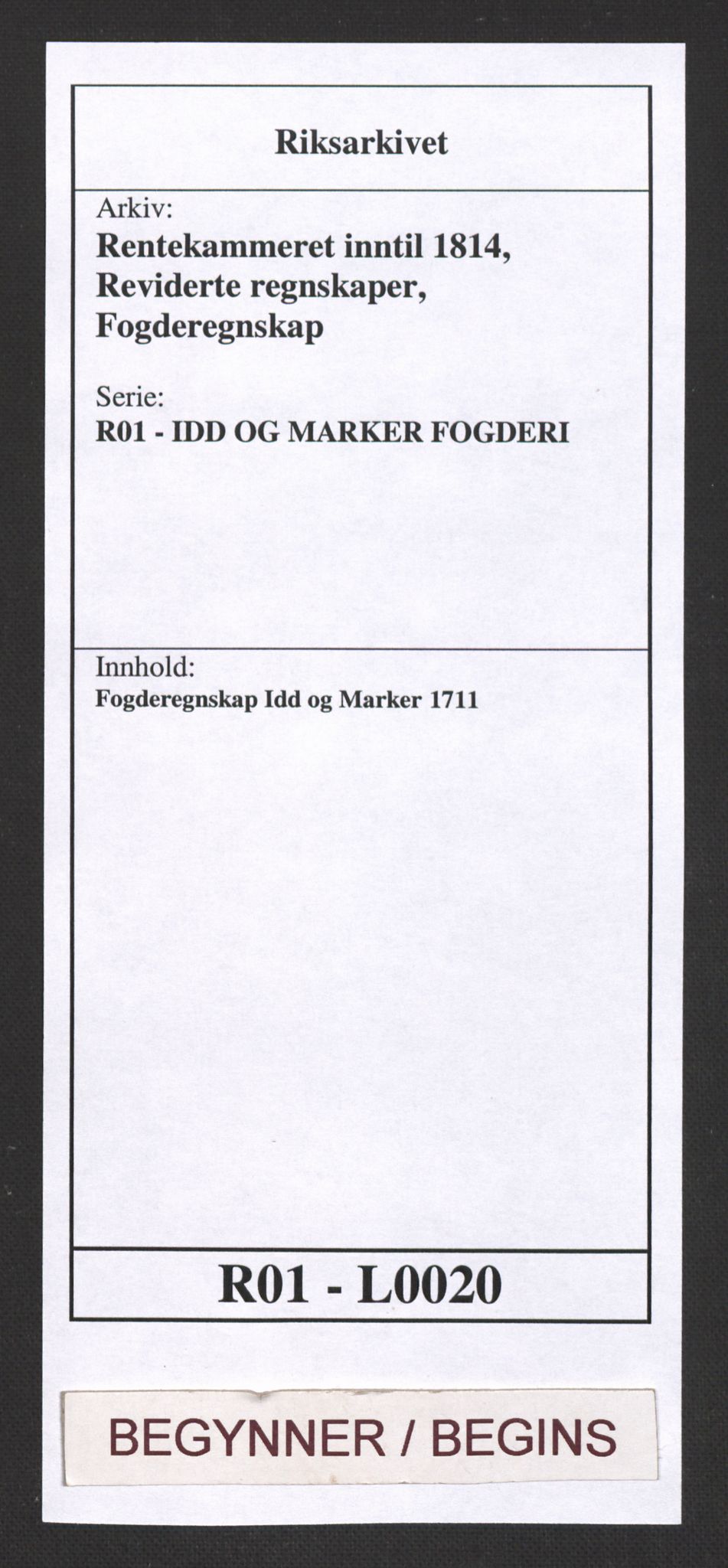 Rentekammeret inntil 1814, Reviderte regnskaper, Fogderegnskap, AV/RA-EA-4092/R01/L0020: Fogderegnskap Idd og Marker, 1711, p. 1