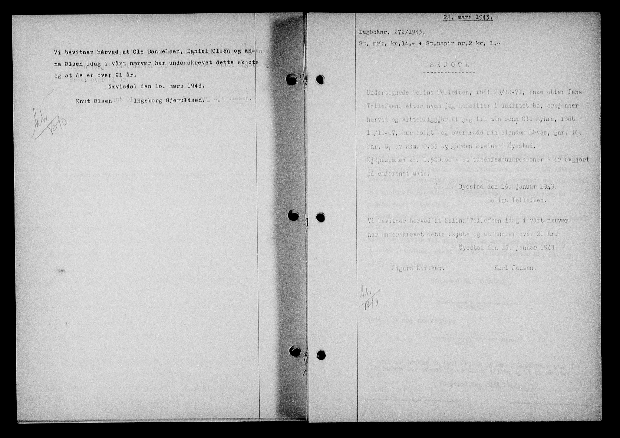 Nedenes sorenskriveri, SAK/1221-0006/G/Gb/Gba/L0050: Mortgage book no. A-IV, 1942-1943, Diary no: : 272/1943