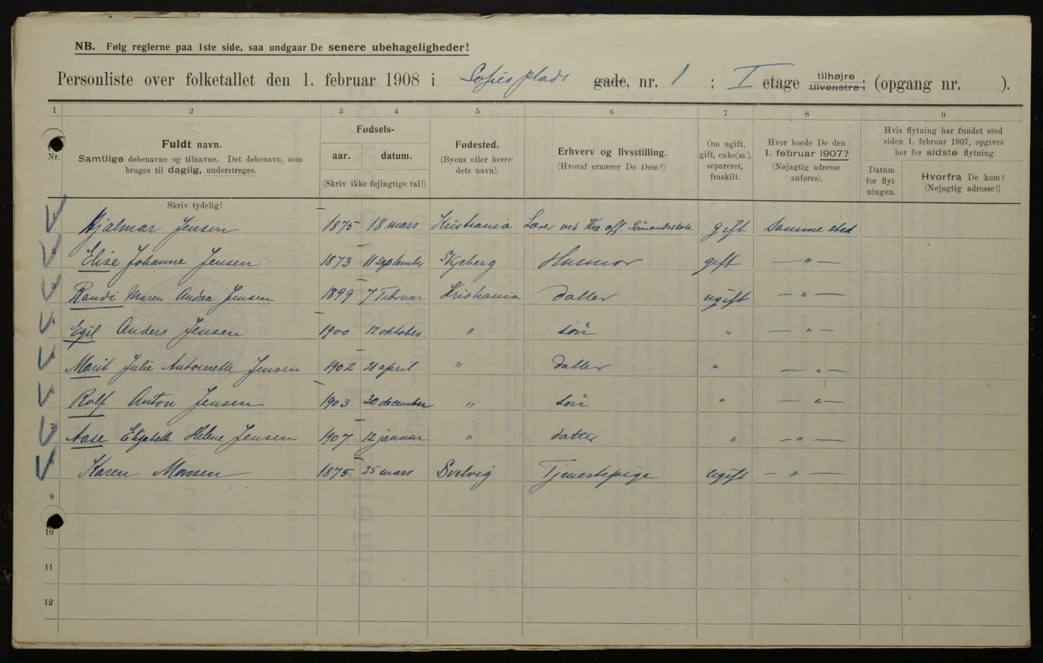 OBA, Municipal Census 1908 for Kristiania, 1908, p. 89527