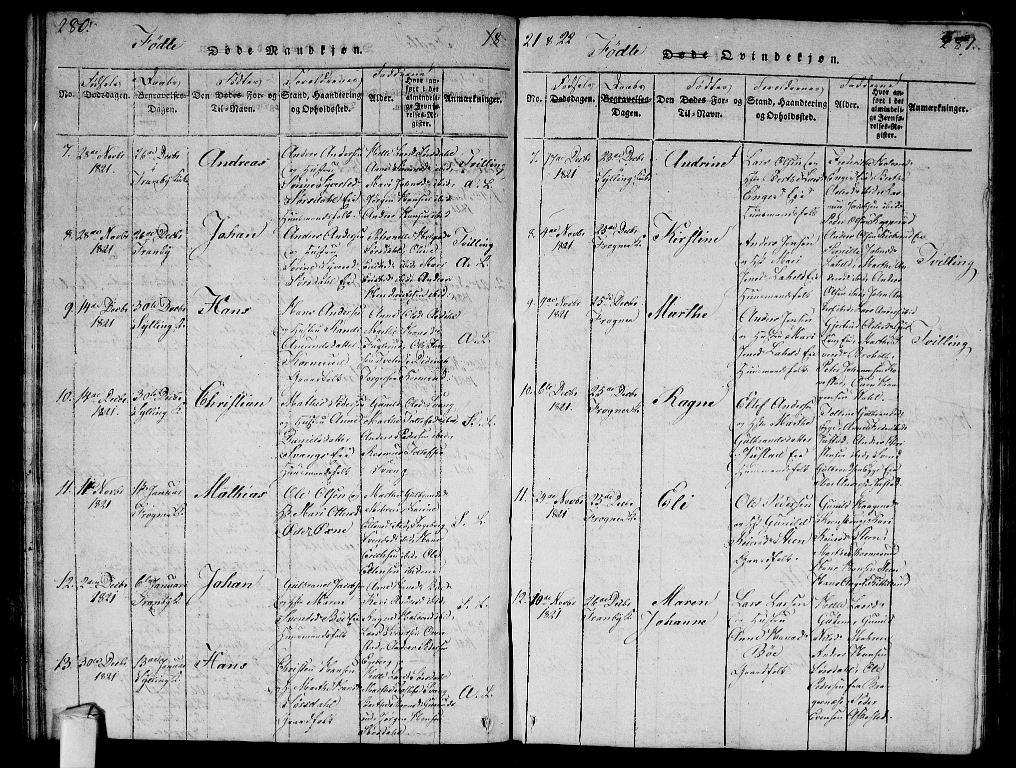 Lier kirkebøker, AV/SAKO-A-230/G/Ga/L0001: Parish register (copy) no. I 1, 1813-1824, p. 280-281