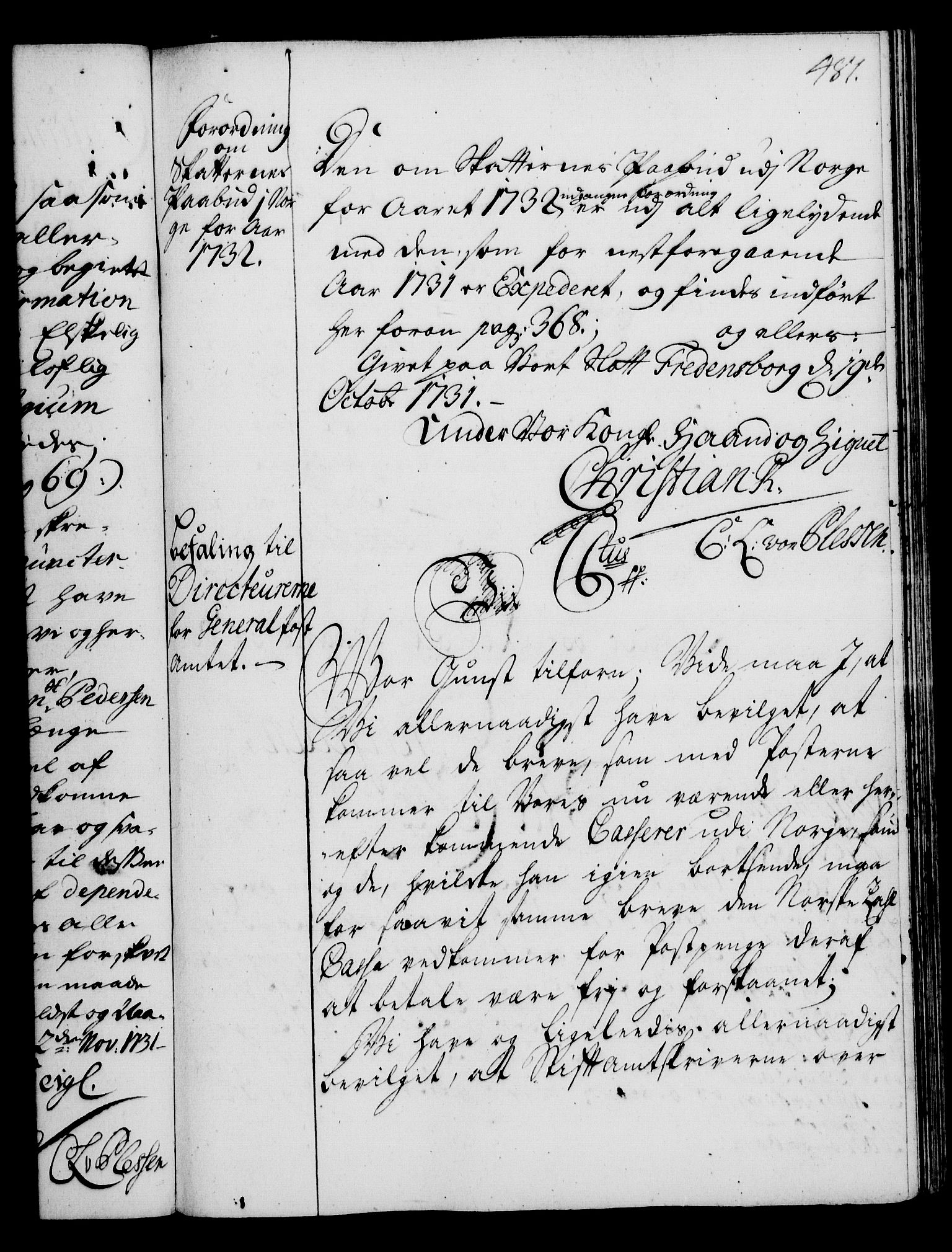 Rentekammeret, Kammerkanselliet, RA/EA-3111/G/Gg/Gga/L0003: Norsk ekspedisjonsprotokoll med register (merket RK 53.3), 1727-1734, p. 481